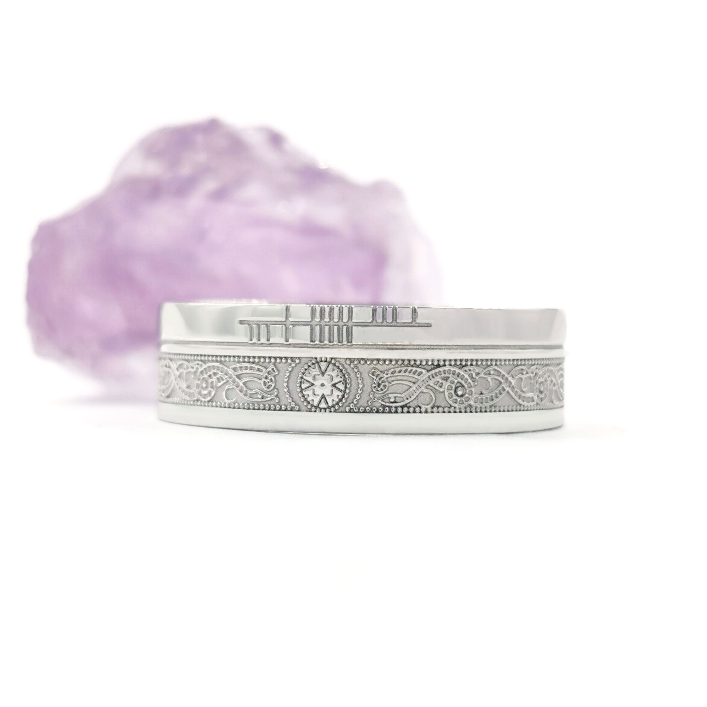 Authentic Platinum 950 Ogham & Celtic Warrior 5.2mm Ring With a Florentine Finish