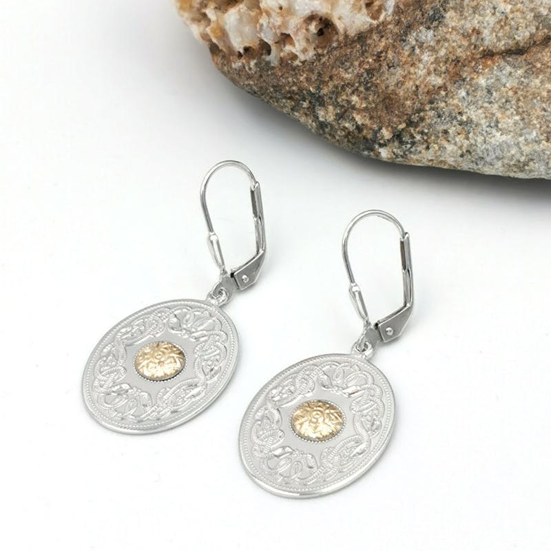 Silver Oval Celtic Warrior Earrings with 18K Gold Bead