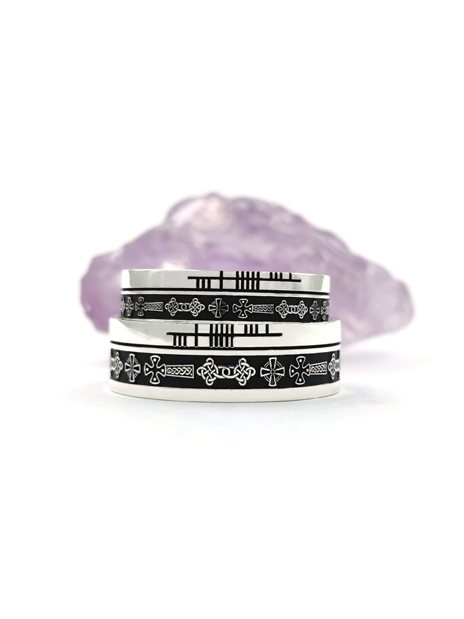 Oxidised Sterling Silver Celtic Cross & Ogham 7.3mm Ring