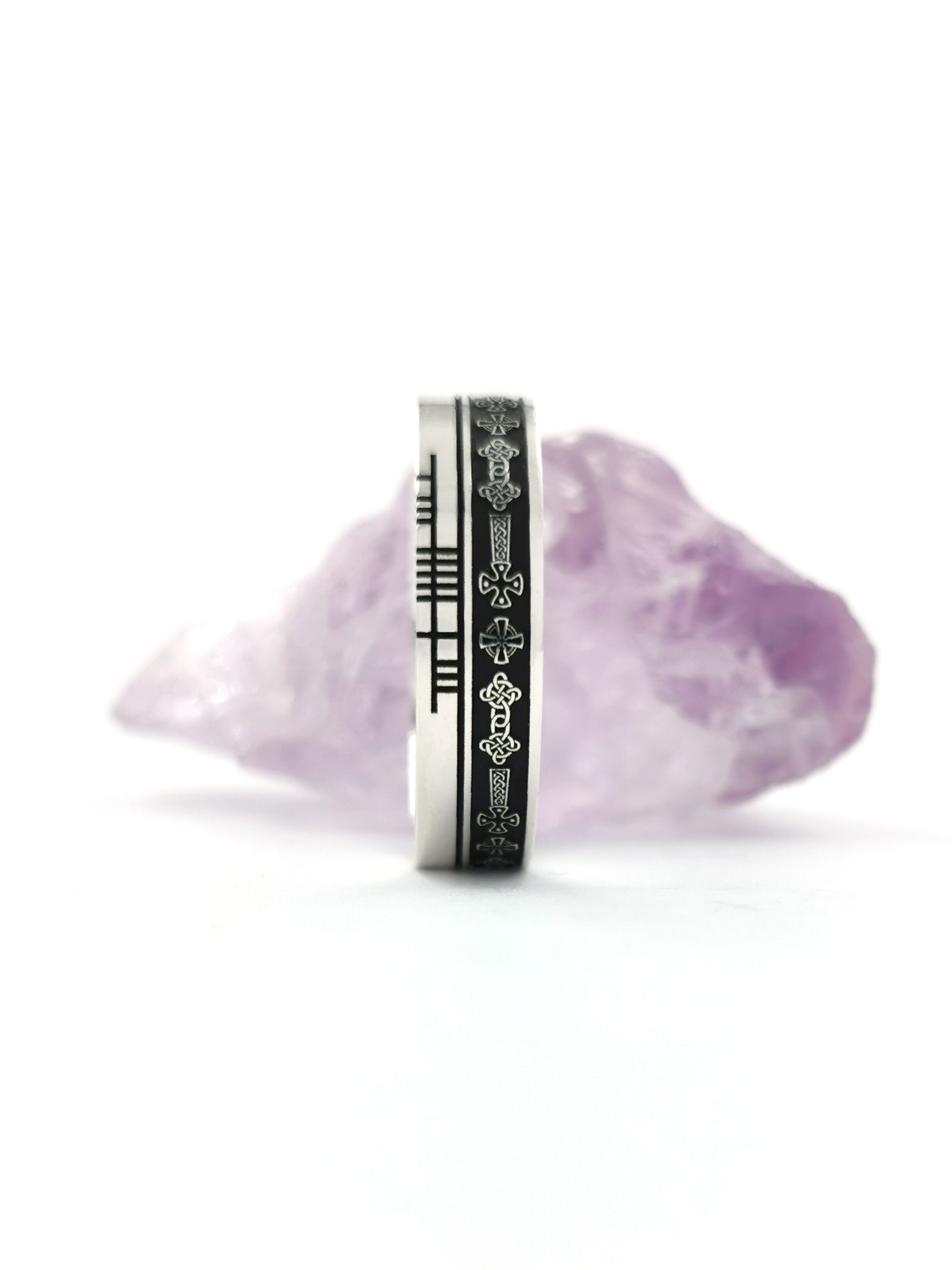 Attractive Sterling Silver Celtic Cross 7.3mm Ring With a Oxidised Finish