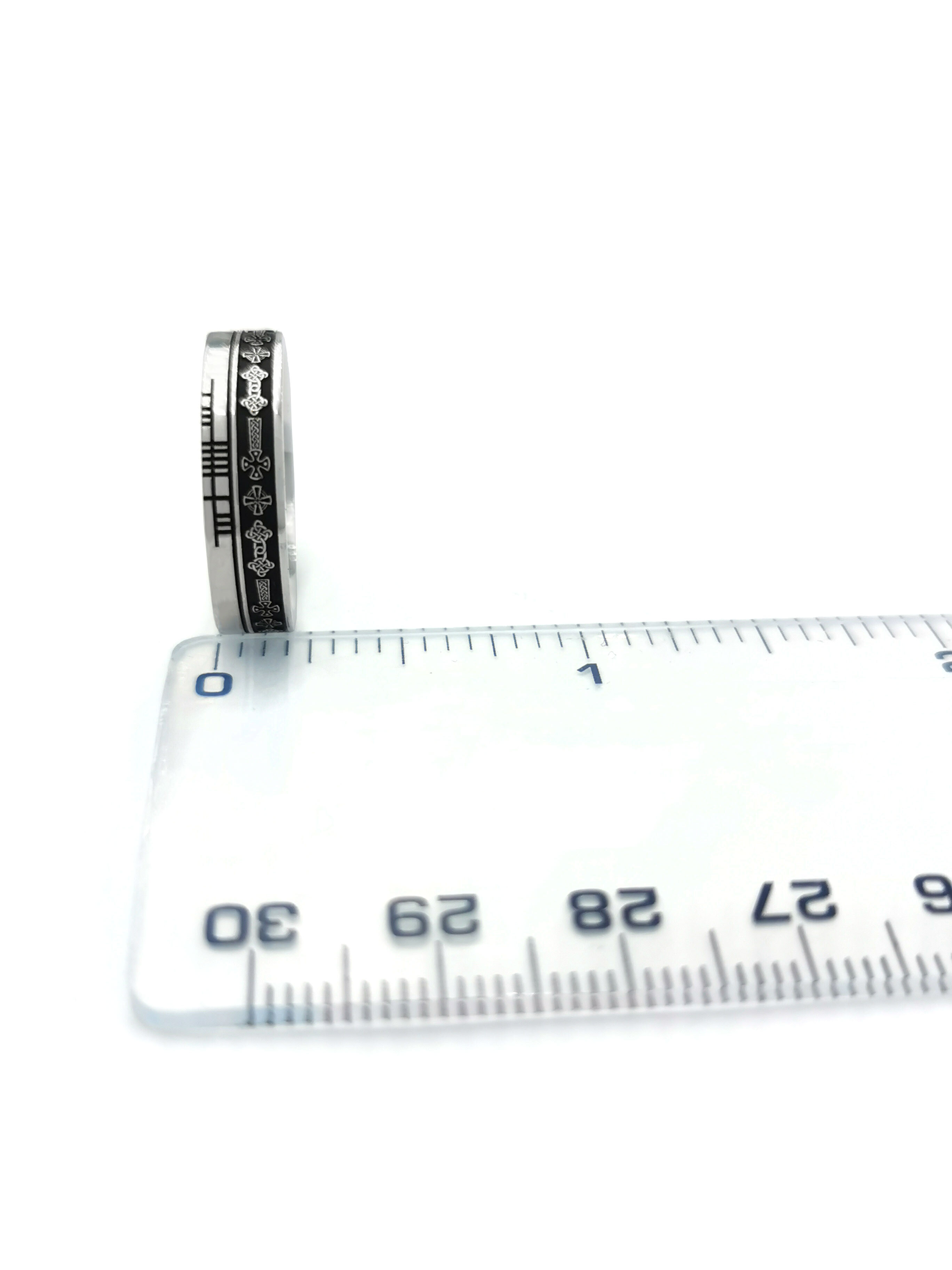 Celtic Cross 7.3mm Ring in Sterling Silver With a Oxidised Finish. Picture For Scale.