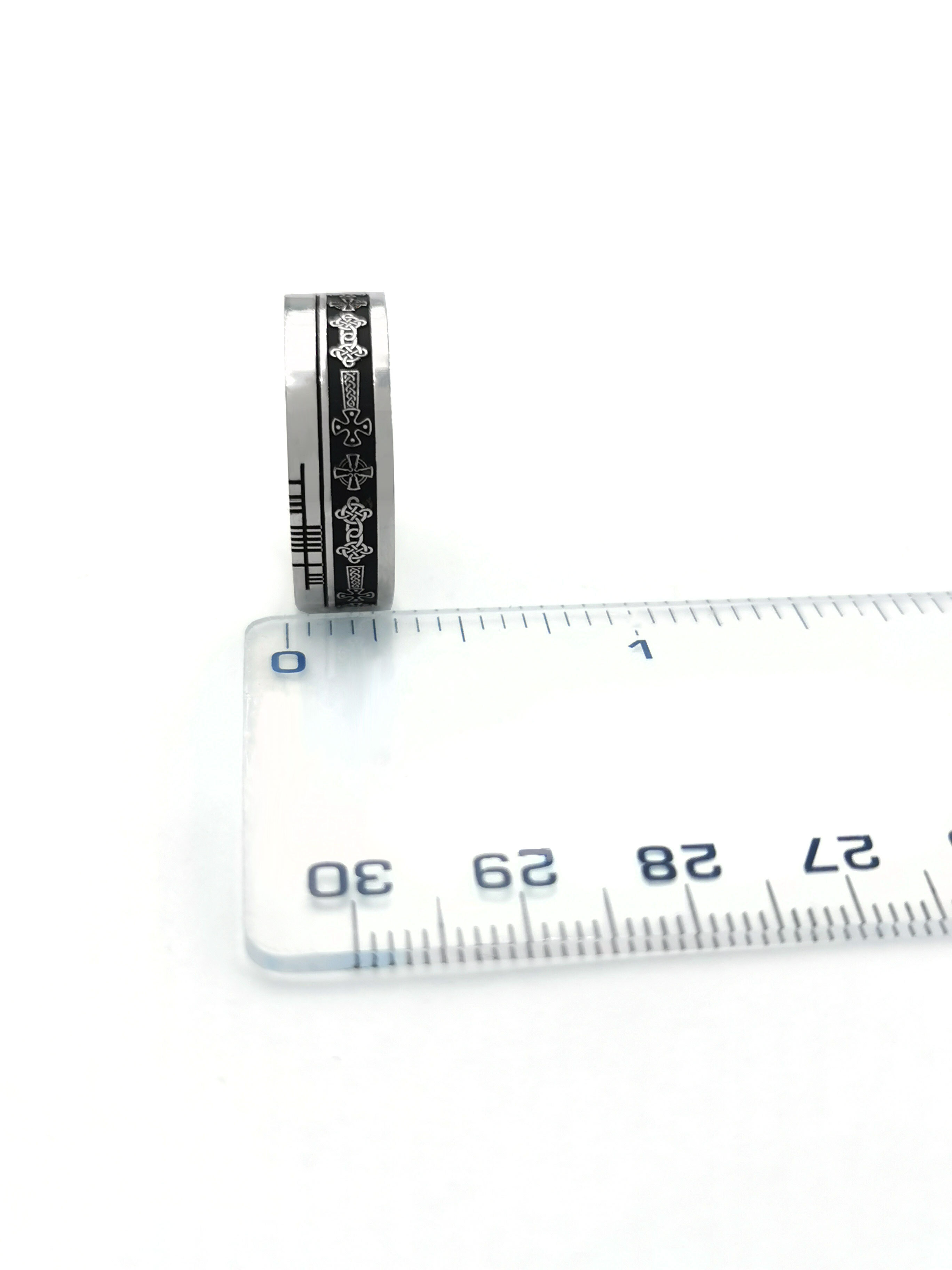 Irish Sterling Silver Celtic Cross & Ogham Ring With a Oxidised Finish. Picture For Scale.