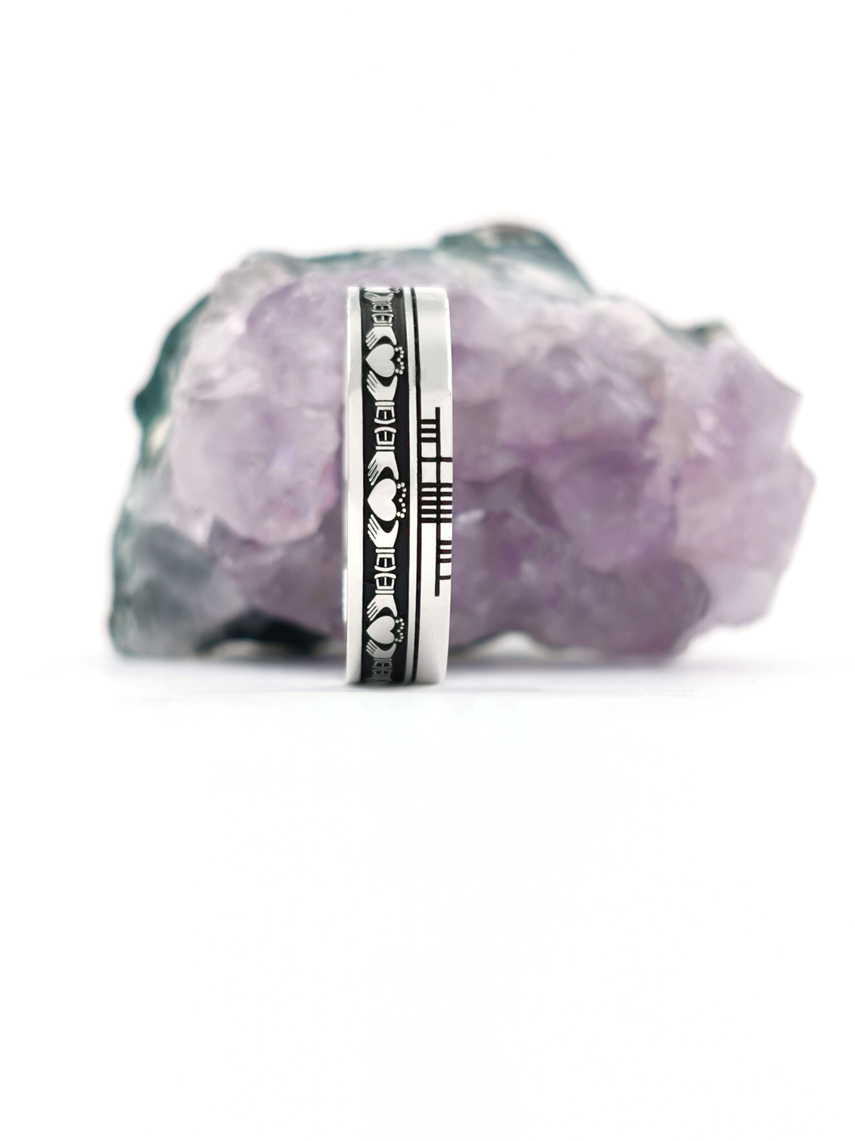 Ogham 7.3mm Ring in Sterling Silver With a Oxidised Finish