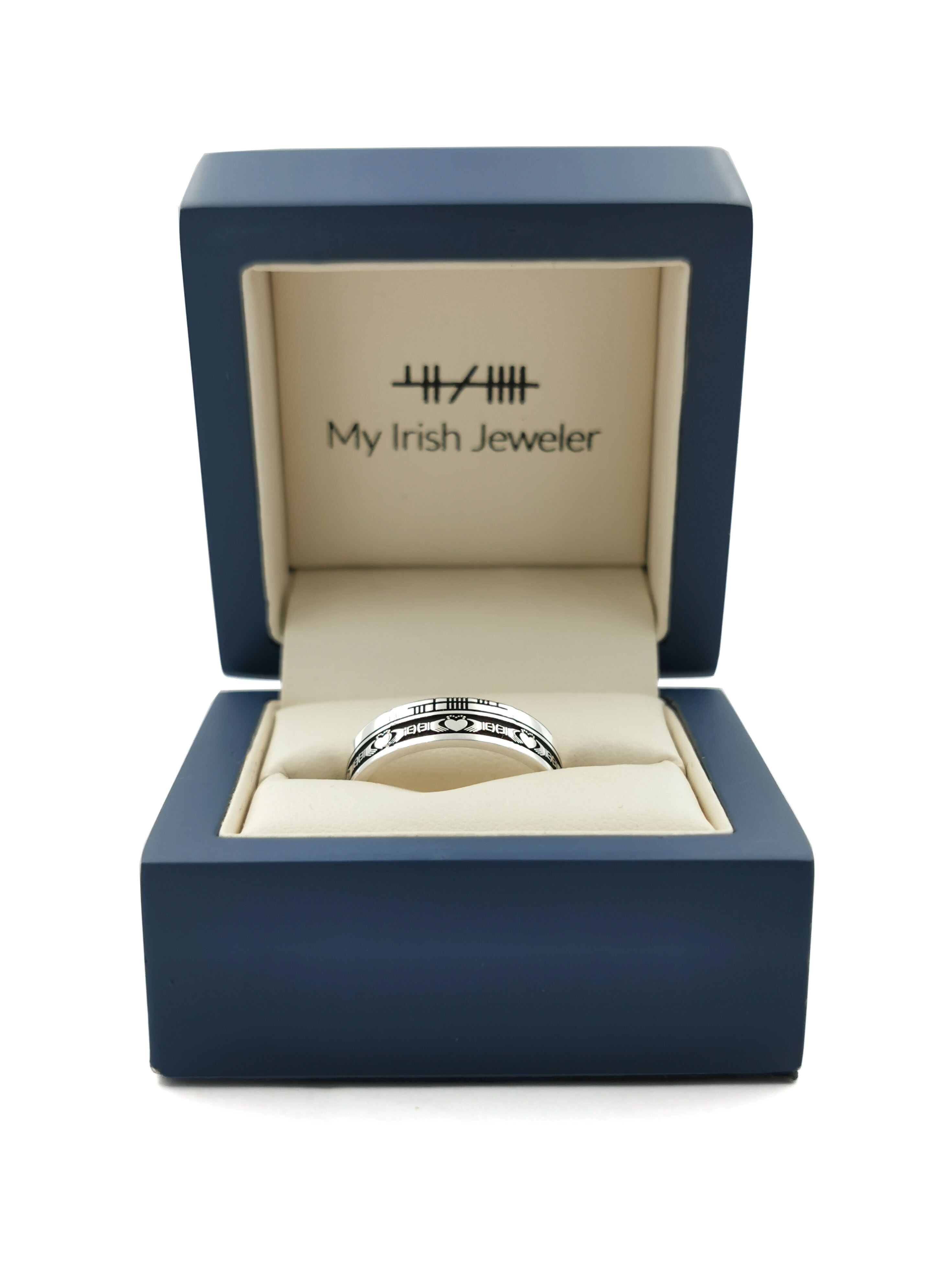 Ogham & Claddagh Ring in Sterling Silver With a Oxidised Finish. In Luxury Packaging.