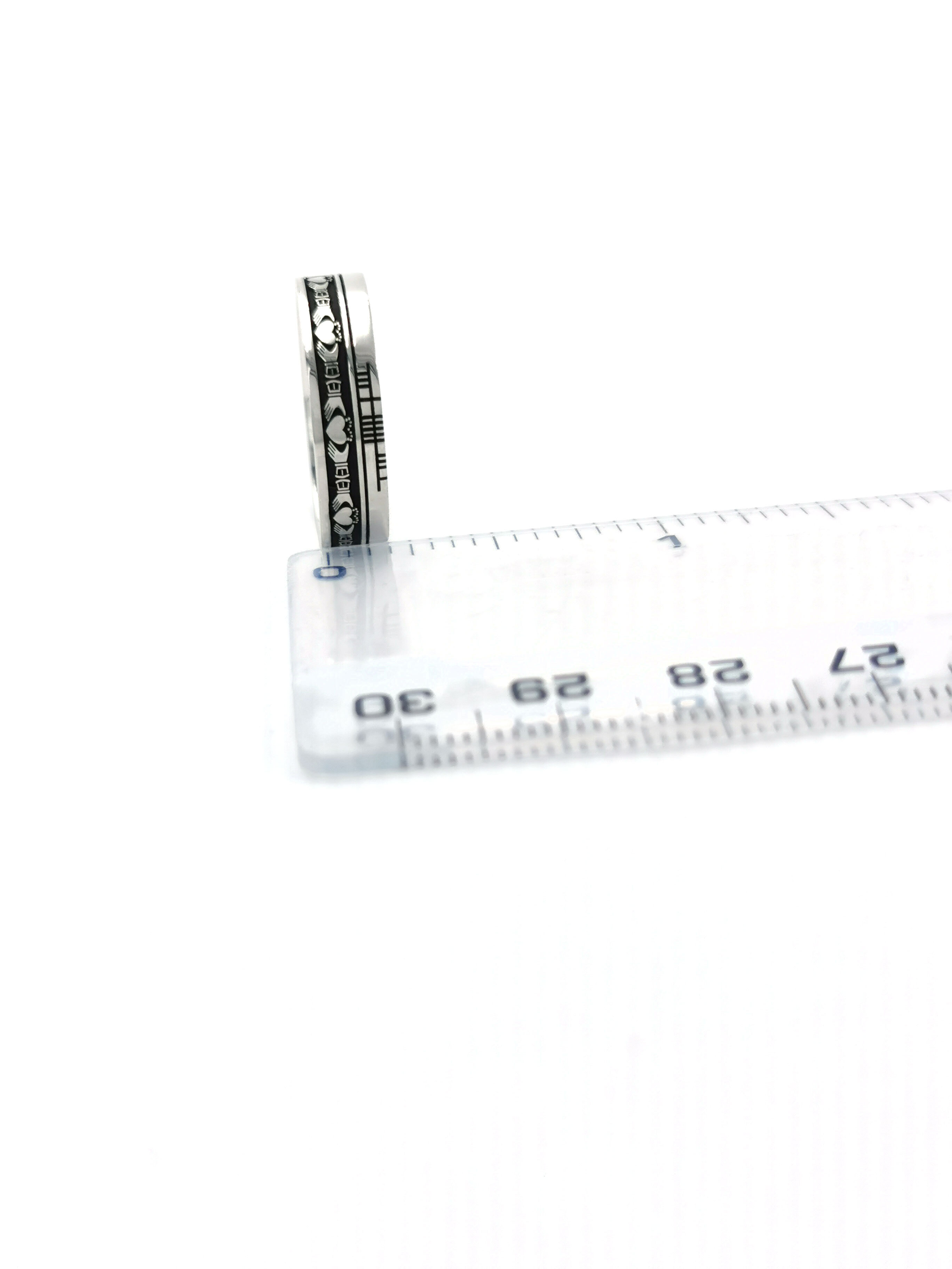 Oxidised Sterling Silver Ogham & Claddagh 5.2mm Ring. Picture For Scale.