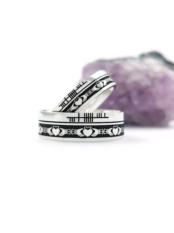 Striking Sterling Silver Ogham & Claddagh 7.3mm Ring With a Oxidized Finish