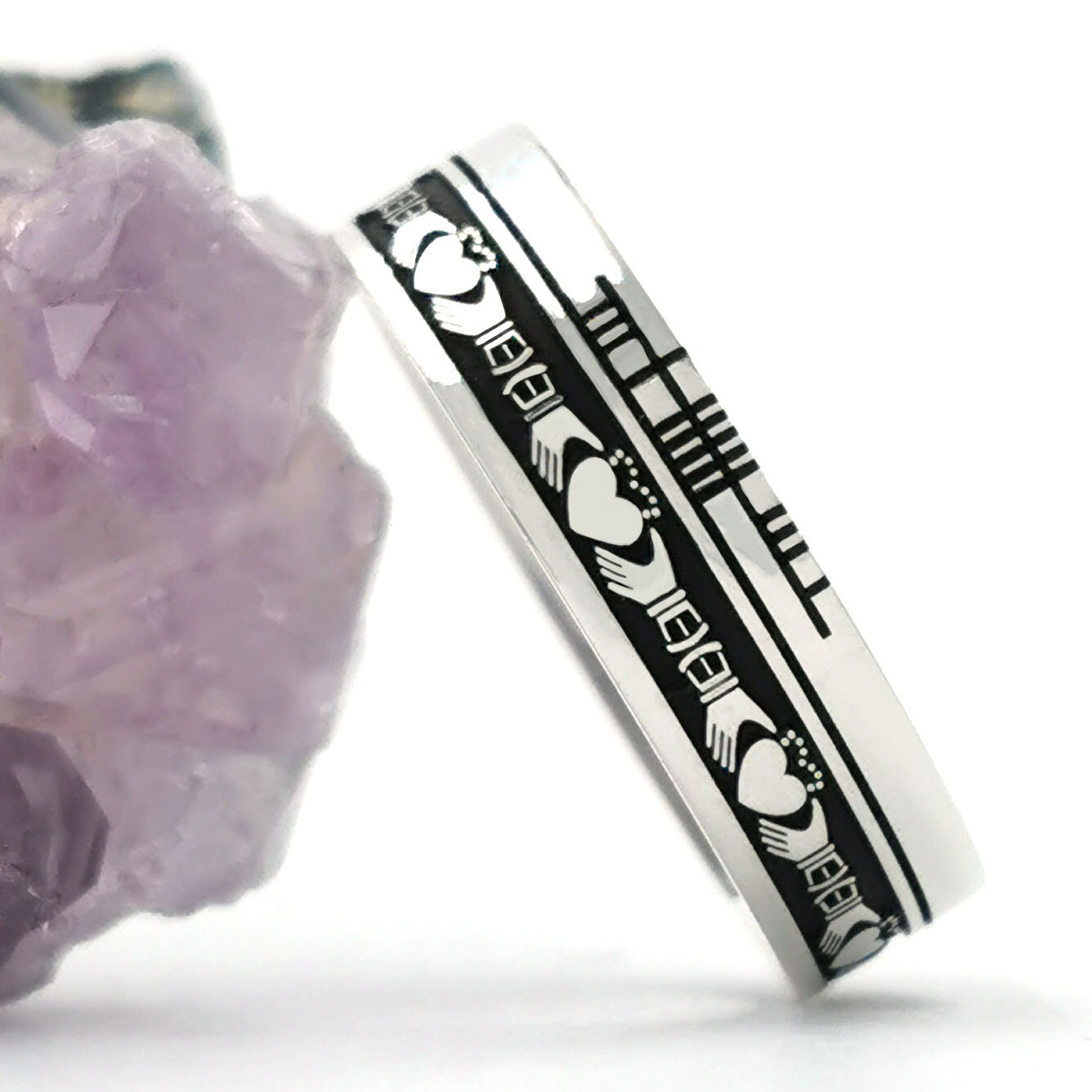 Attractive Sterling Silver Ogham & Claddagh 7.3mm Ring With a Oxidised Finish