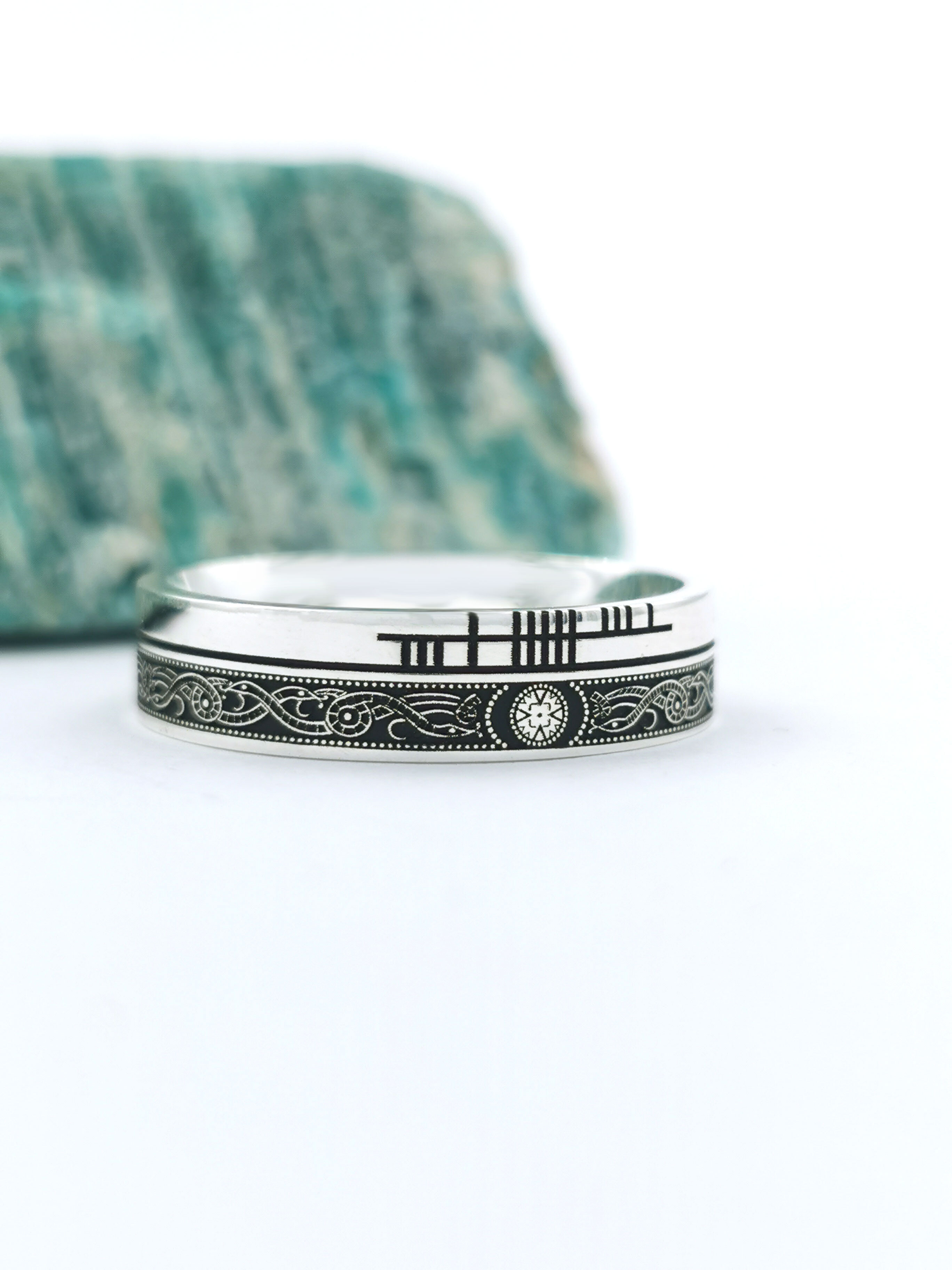 Irish Sterling Silver Ogham & Celtic Warrior Wedding Ring With a Oxidized Finish