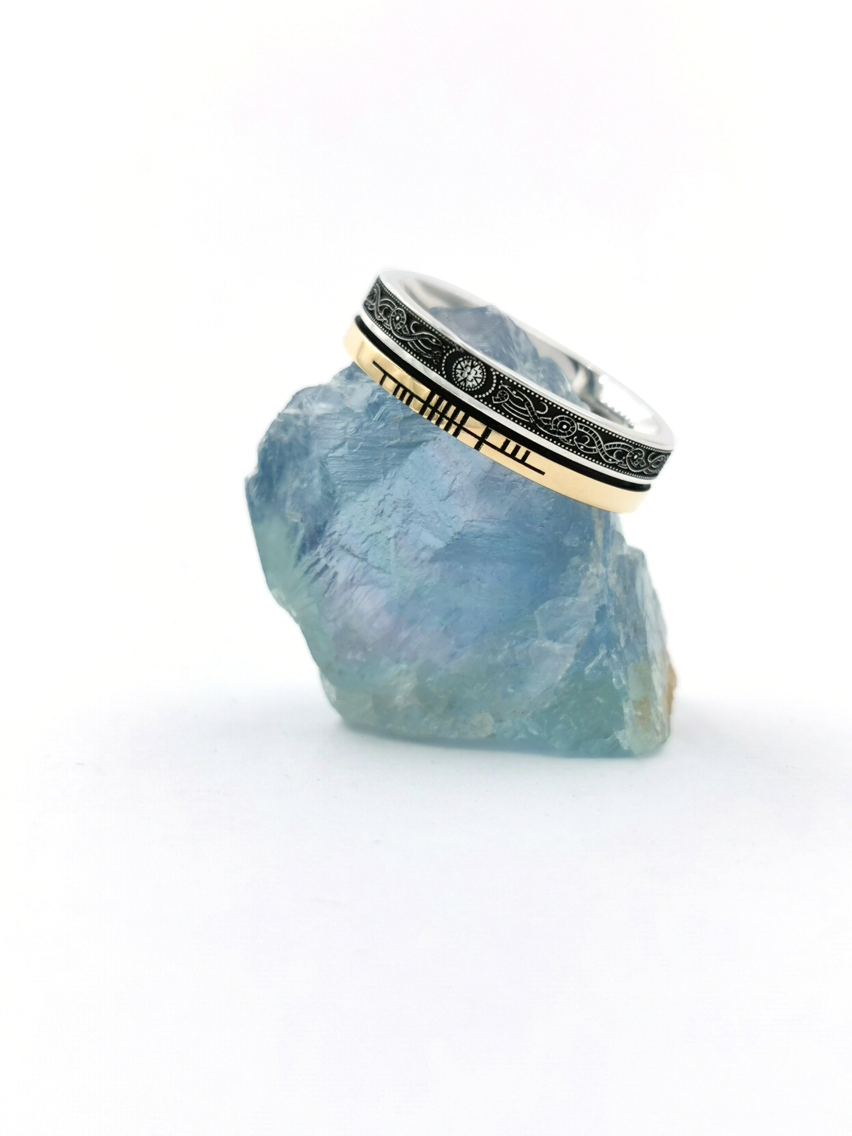 Striking Sterling Silver & 10K Yellow Gold Personalisable Ogham & Celtic Warrior Wedding Ring With a Oxidised Finish