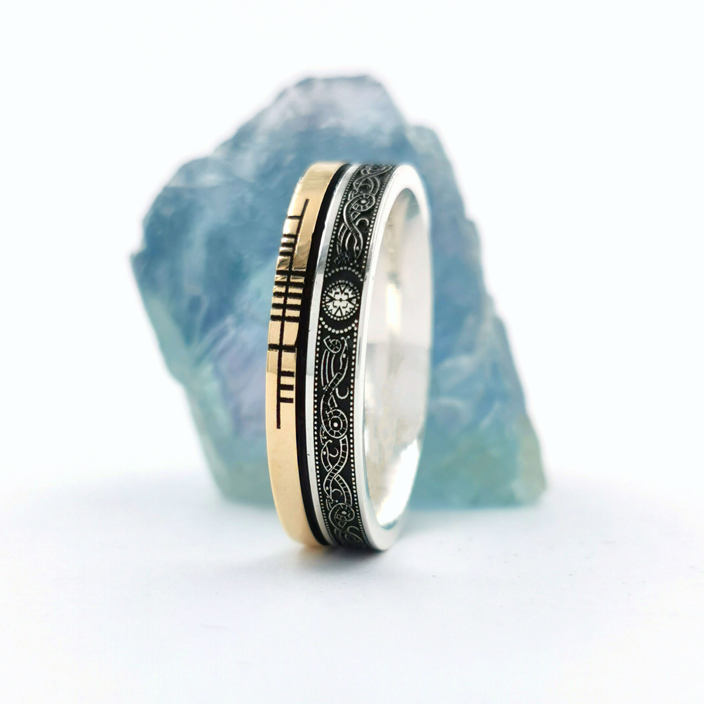 Engravable Sterling Silver & 10K Yellow Gold Ogham & Celtic Warrior 5.2mm Ring With a Oxidised Finish