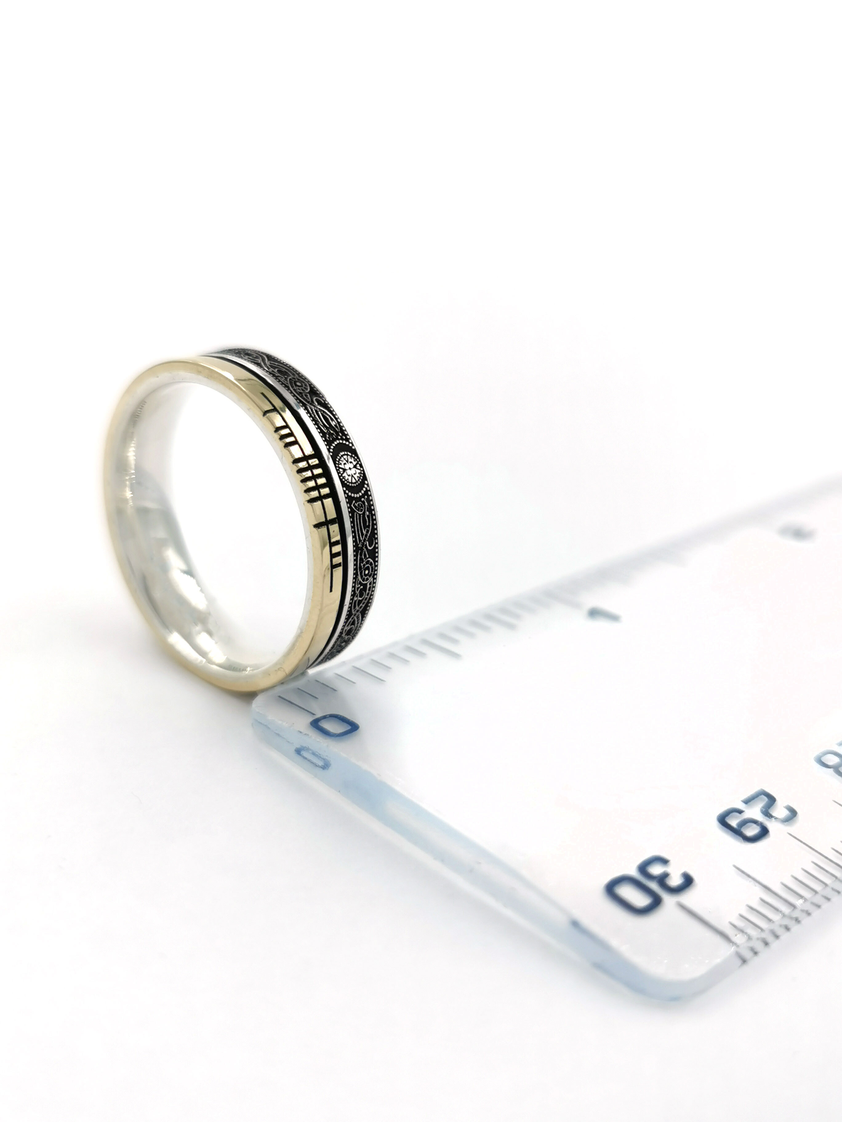 Oxidised Sterling Silver & 10K Yellow Gold Ogham 5.2mm Ring. Picture For Scale.