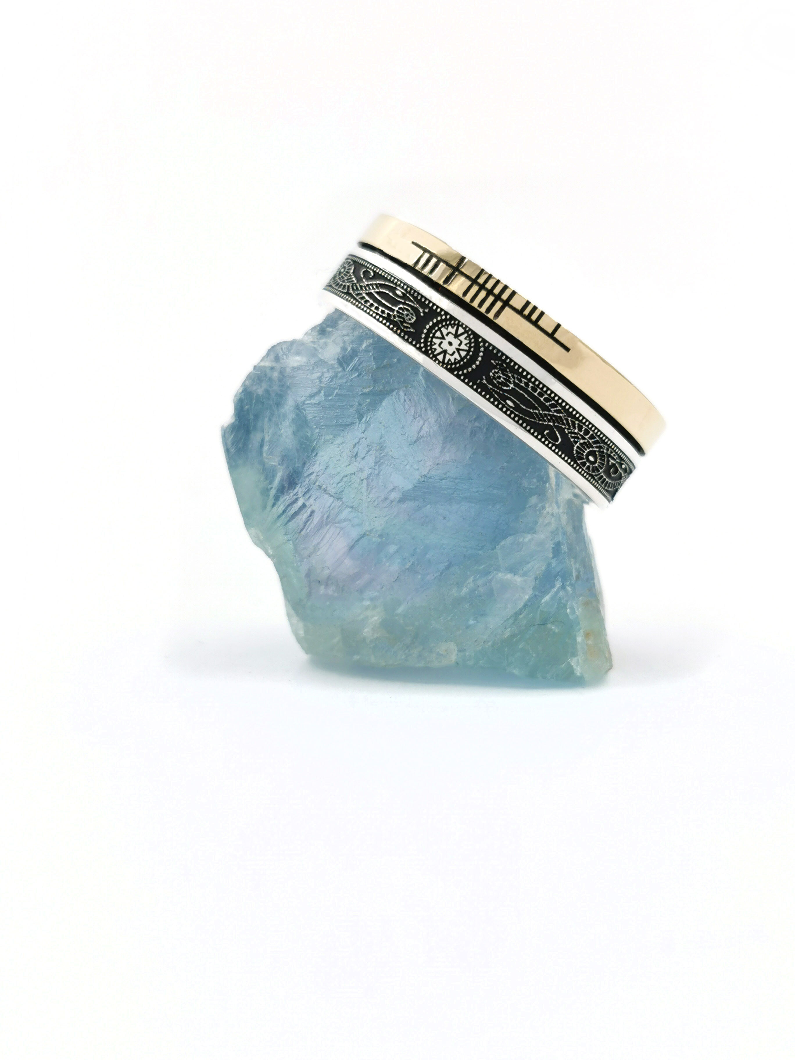 Genuine Sterling Silver & 10K Yellow Gold Ogham & Celtic Warrior Personalisable Wedding Ring With a Oxidised Finish