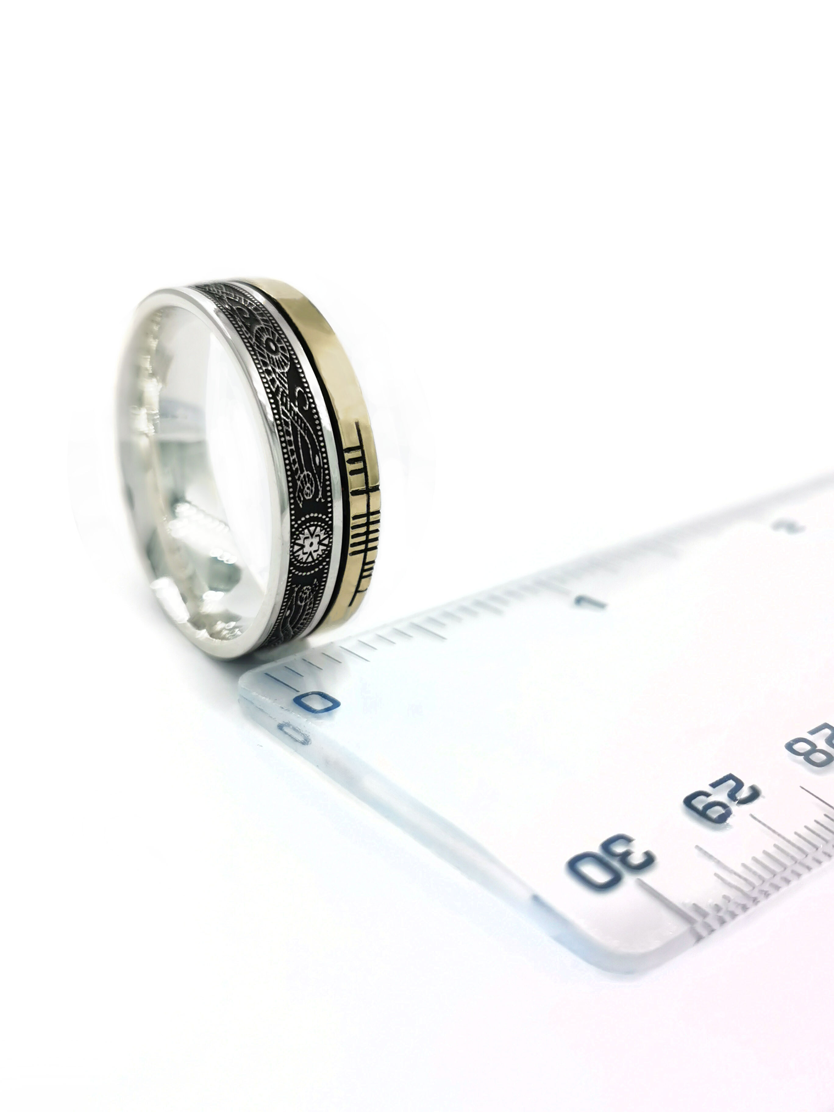 Real Oxidised Sterling Silver & 10K Yellow Gold Ogham Personalisable 7.3mm Ring. Picture For Scale.