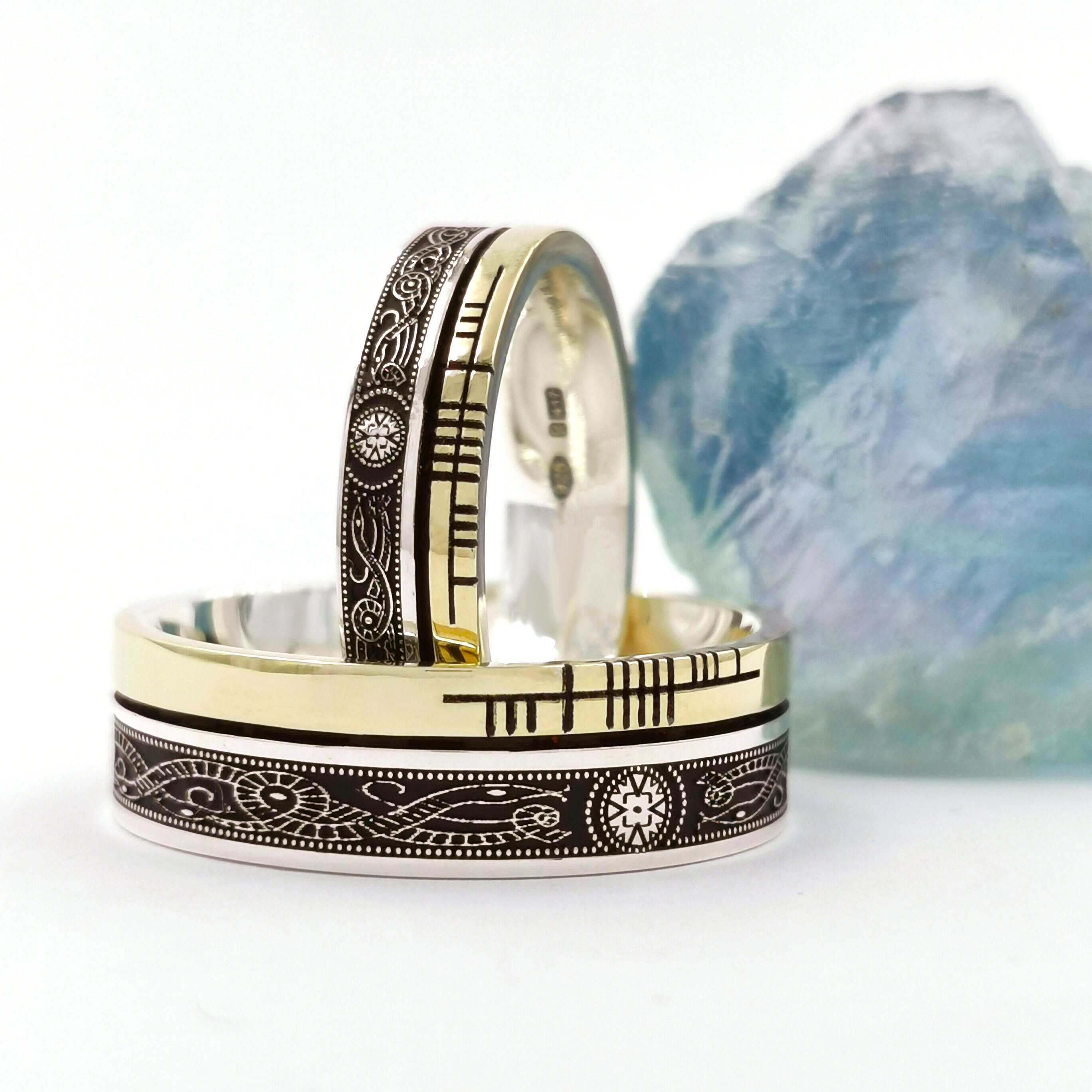Genuine Sterling Silver & 10K Yellow Gold Ogham & Celtic Warrior Ring With a Oxidised Finish