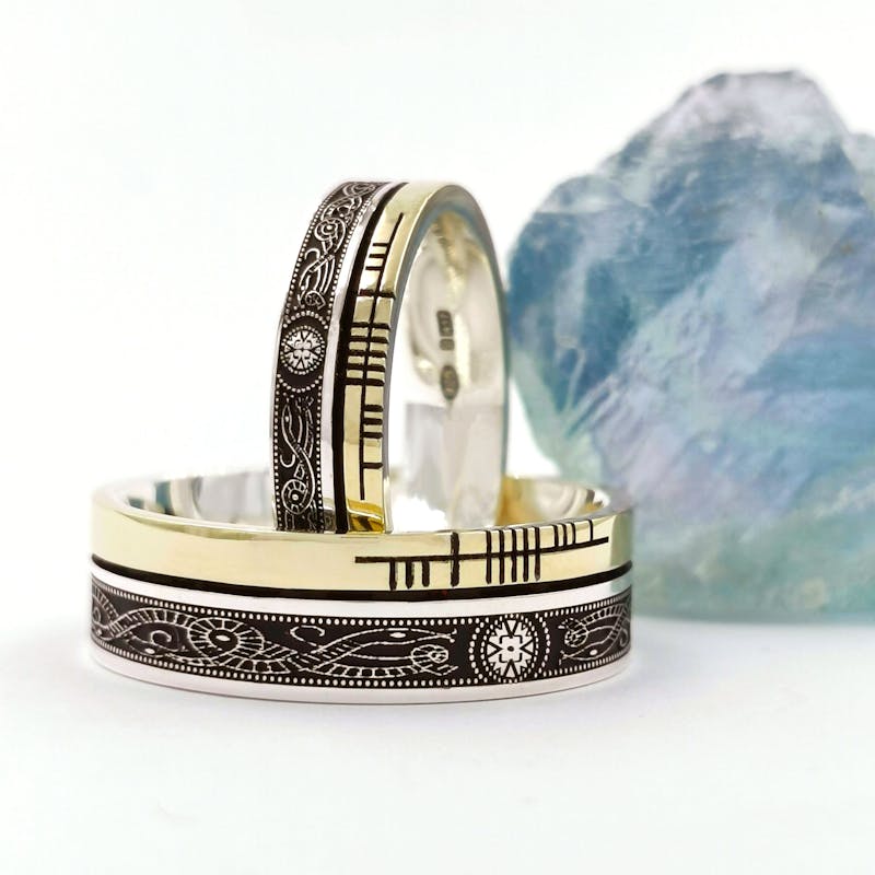 Genuine Sterling Silver & 10K Yellow Gold Ogham & Celtic Warrior Ring With a Oxidized Finish