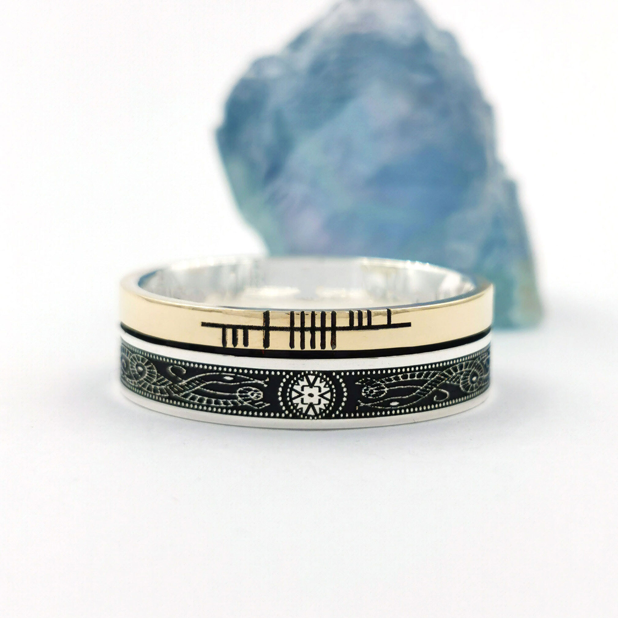 Real Sterling Silver & 10K Yellow Gold Engravable Ogham 5.2mm Ring With a Oxidised Finish