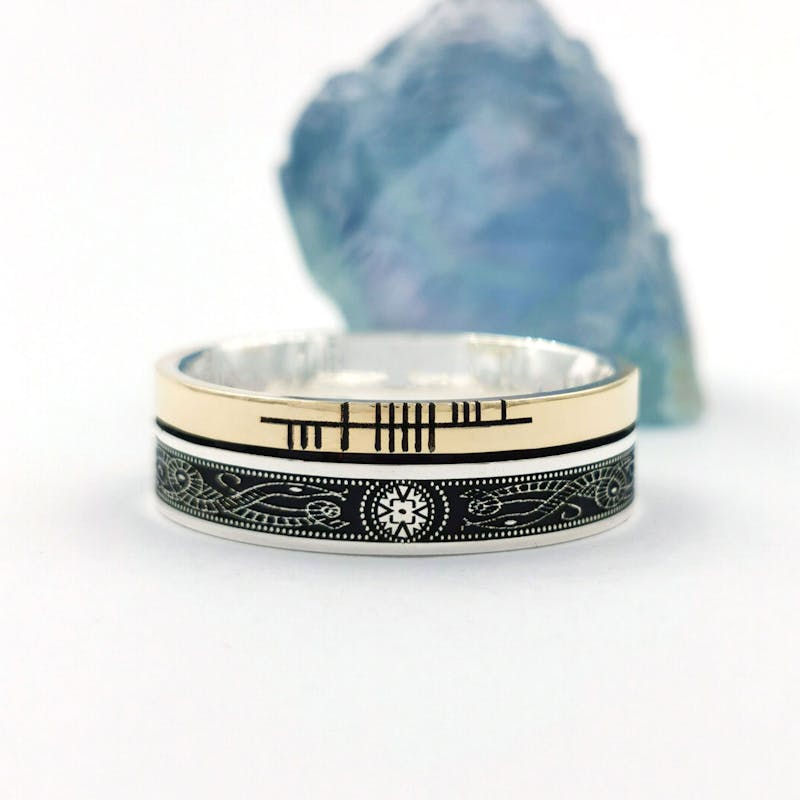 Real Sterling Silver & 10K Yellow Gold Engravable Ogham 5.2mm Ring With a Oxidized Finish
