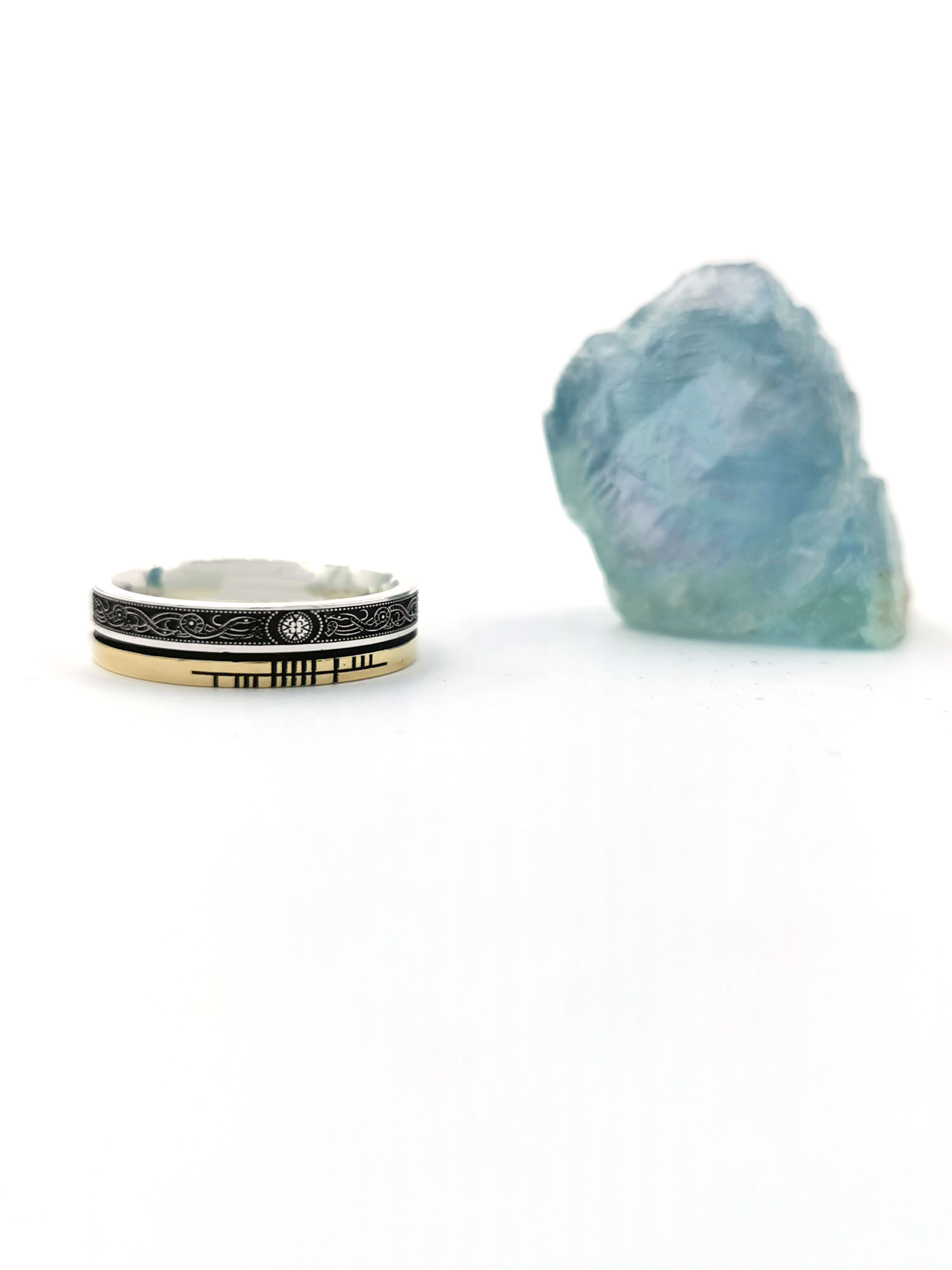 Attractive Sterling Silver & 10K Yellow Gold Ogham 5.2mm Ring With a Oxidised Finish