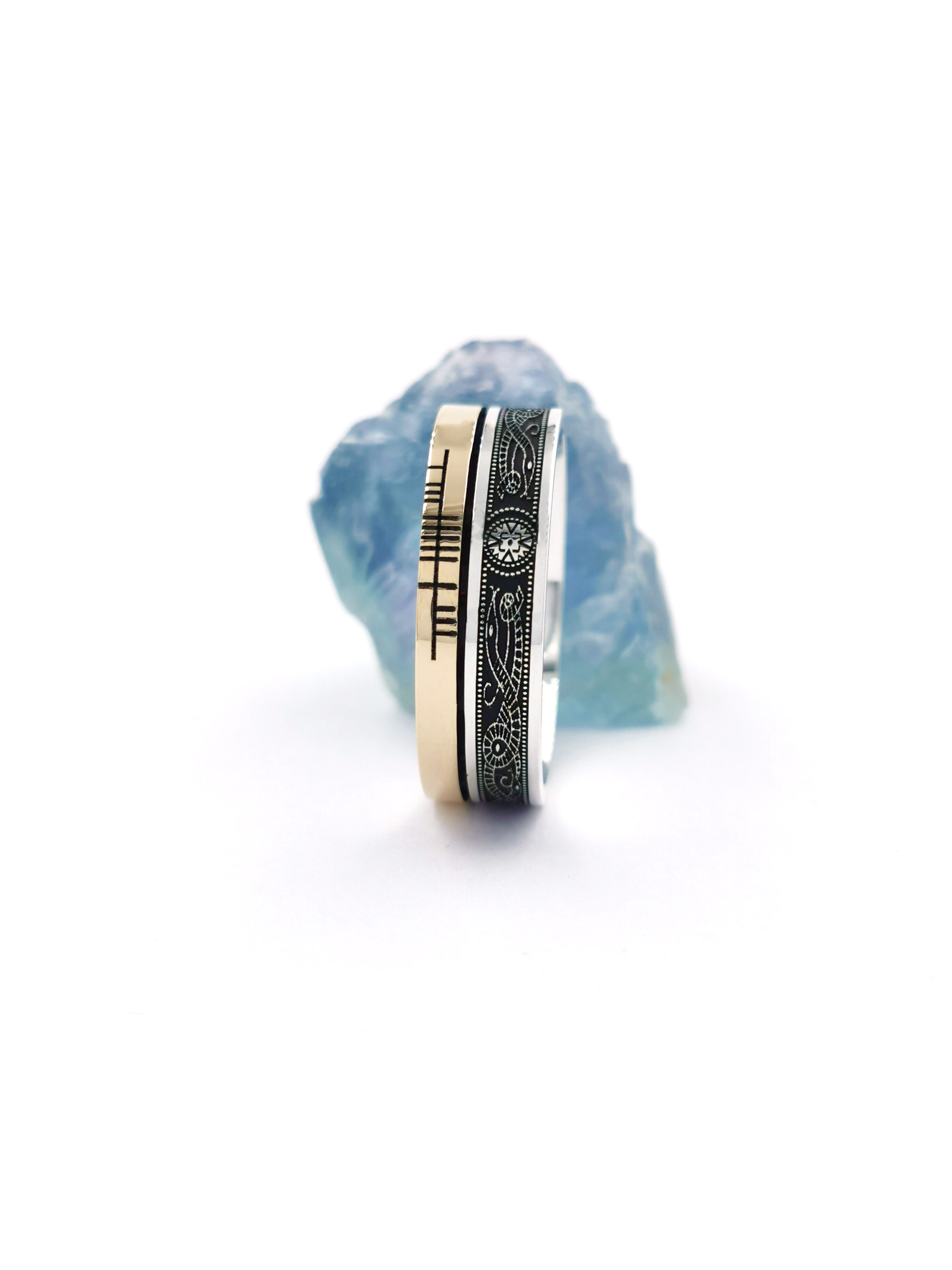 Genuine Sterling Silver & 10K Yellow Gold Ogham Personalisable 7.3mm Ring With a Oxidised Finish