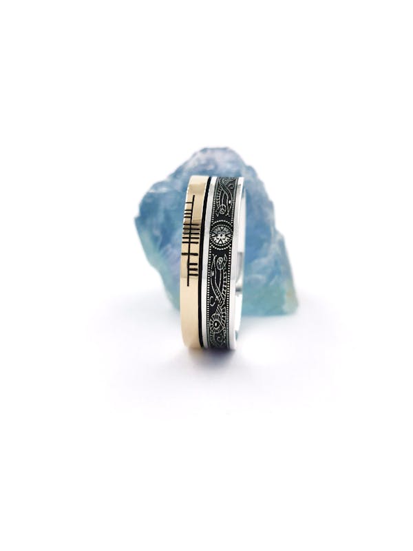 Genuine Sterling Silver & 10K Yellow Gold Ogham Personalizable 7.3mm Ring With a Oxidized Finish