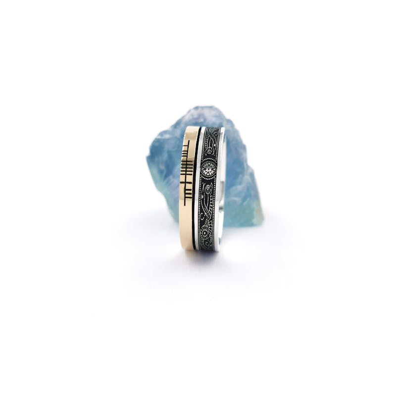 Genuine Sterling Silver & 10K Yellow Gold Ogham Personalizable 7.3mm Ring With a Oxidized Finish