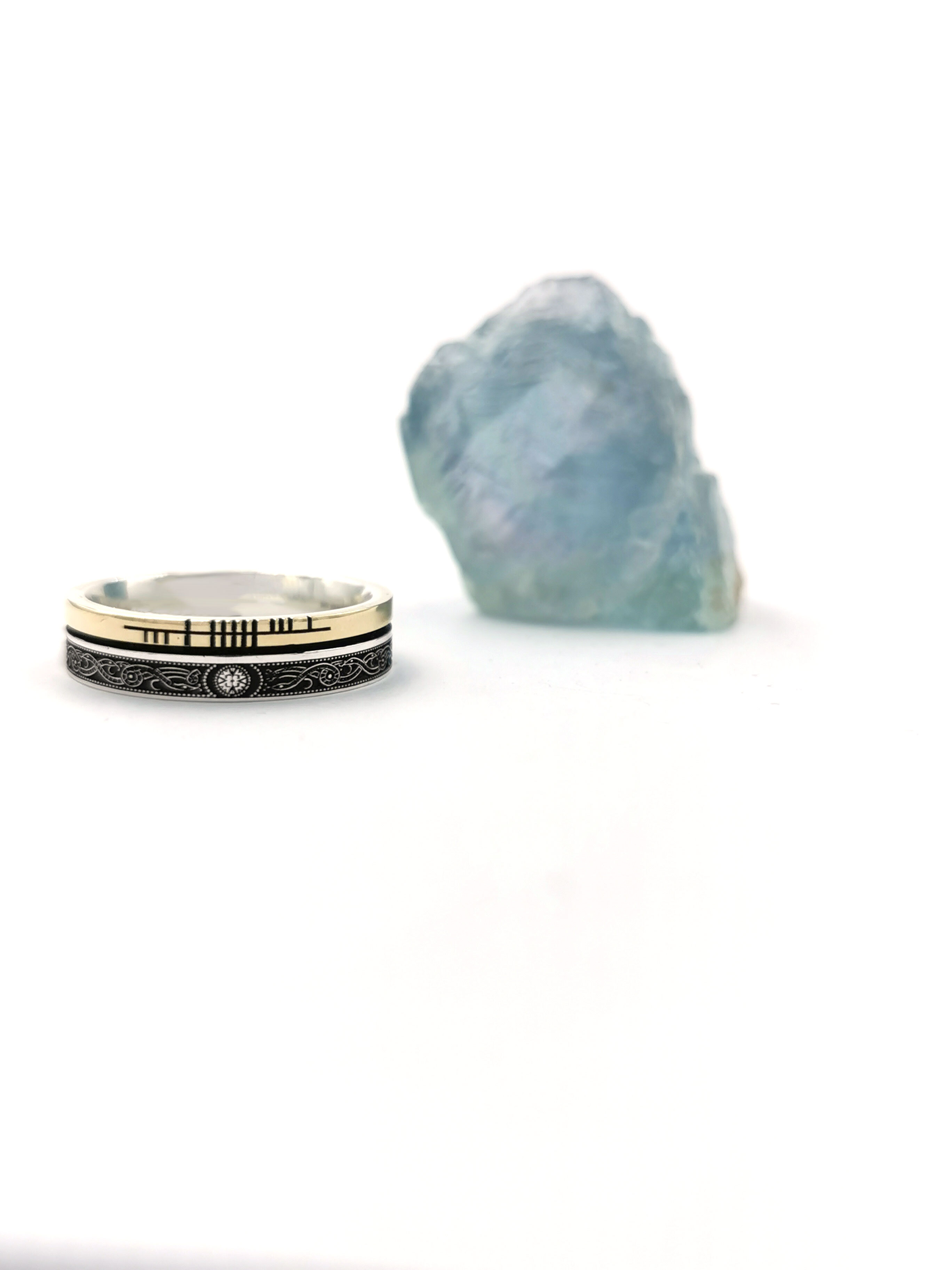 Irish Sterling Silver & 10K Yellow Gold Ogham 7.3mm Ring With a Oxidised Finish
