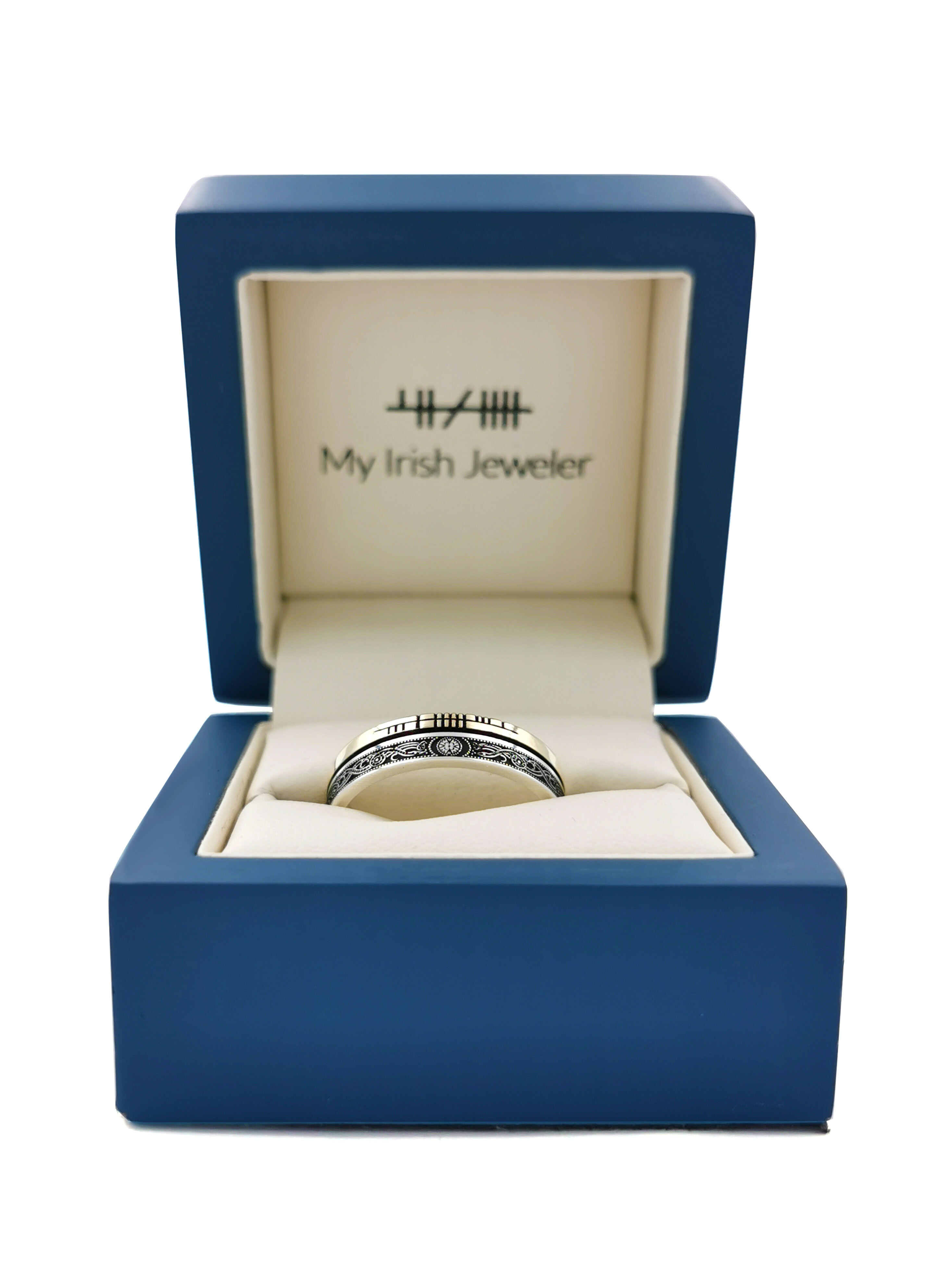 Irish Sterling Silver & 10K Yellow Gold Ogham & Celtic Warrior 7.3mm Ring With a Oxidised Finish. In Luxury Packaging.