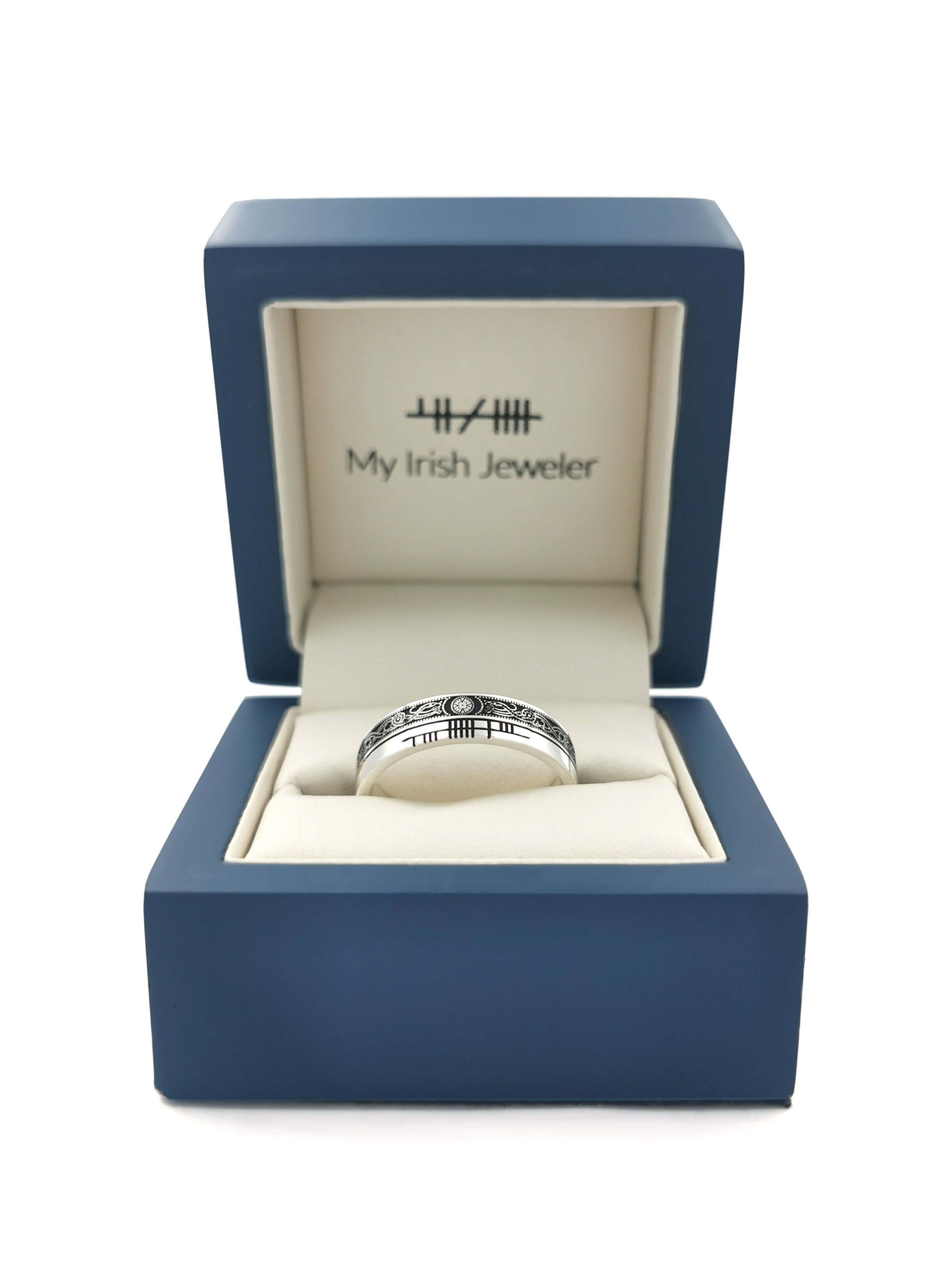 Authentic Sterling Silver Ogham & Celtic Warrior Customizable Wedding Ring With a Oxidized Finish. In Luxury Packaging.