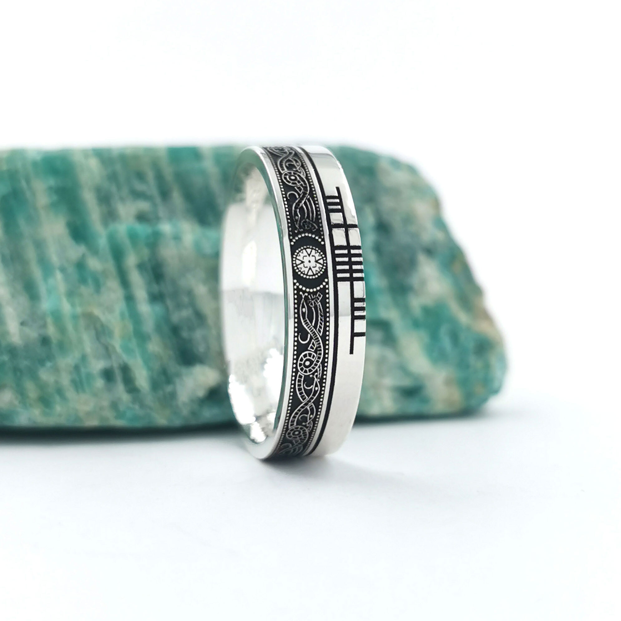 Irish Sterling Silver Ogham Engravable Wedding Ring With a Oxidized Finish