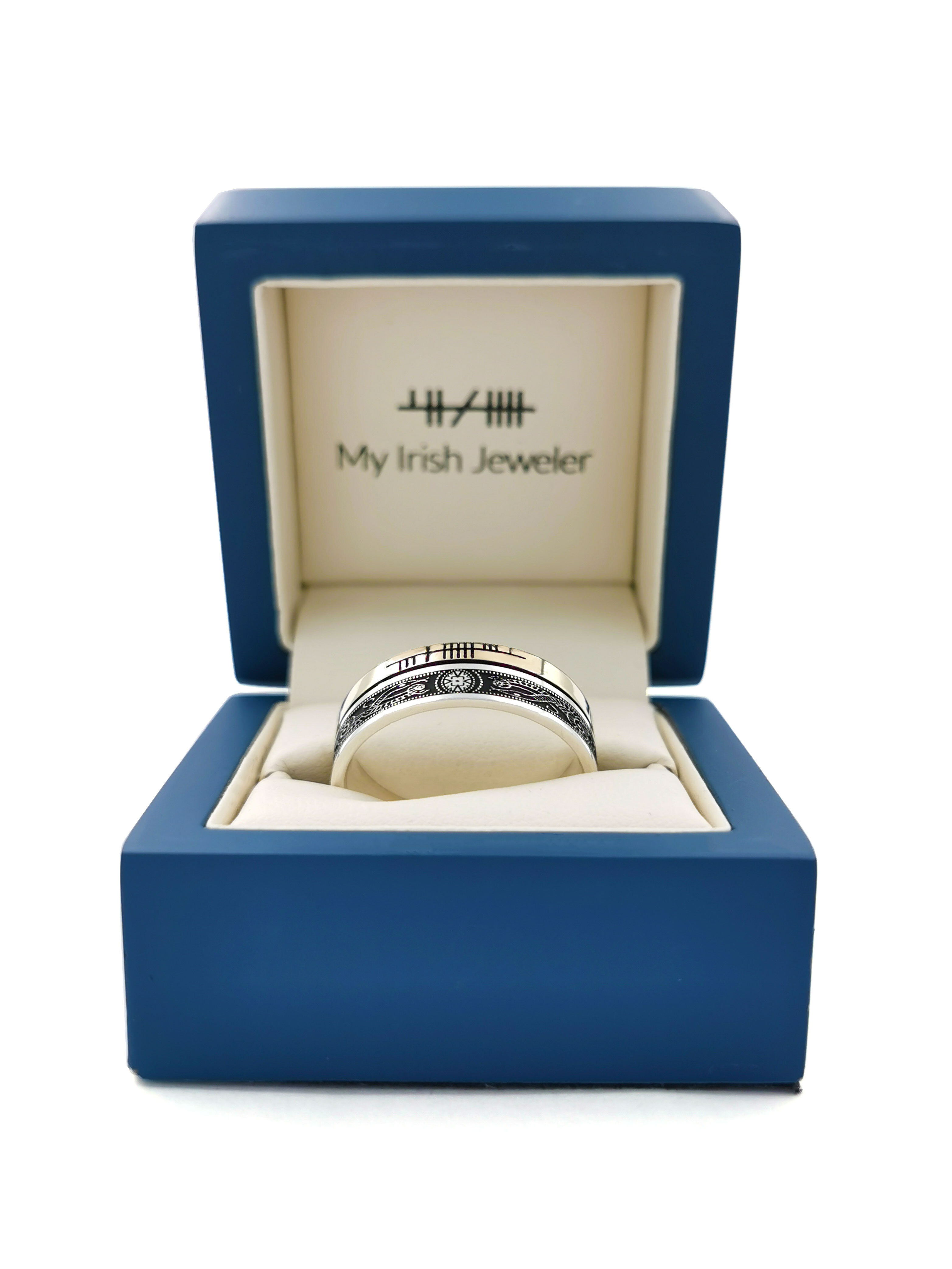 Striking Sterling Silver & 10K Yellow Gold Ogham Customisable 7.3mm Ring With a Oxidised Finish. In Luxury Packaging.