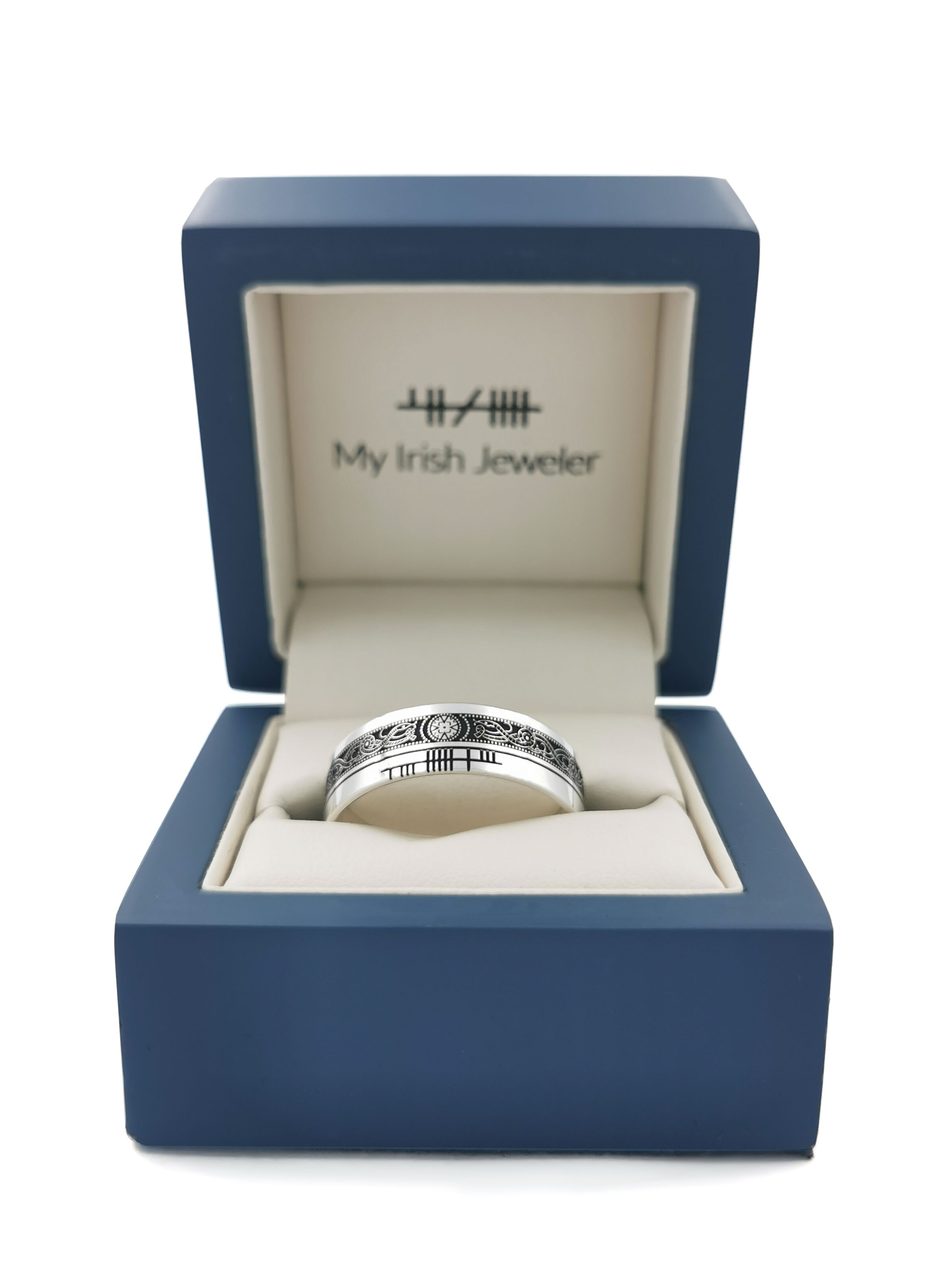Ogham & Celtic Warrior 7.3mm Ring in Sterling Silver With a Oxidized Finish. In Luxury Packaging.