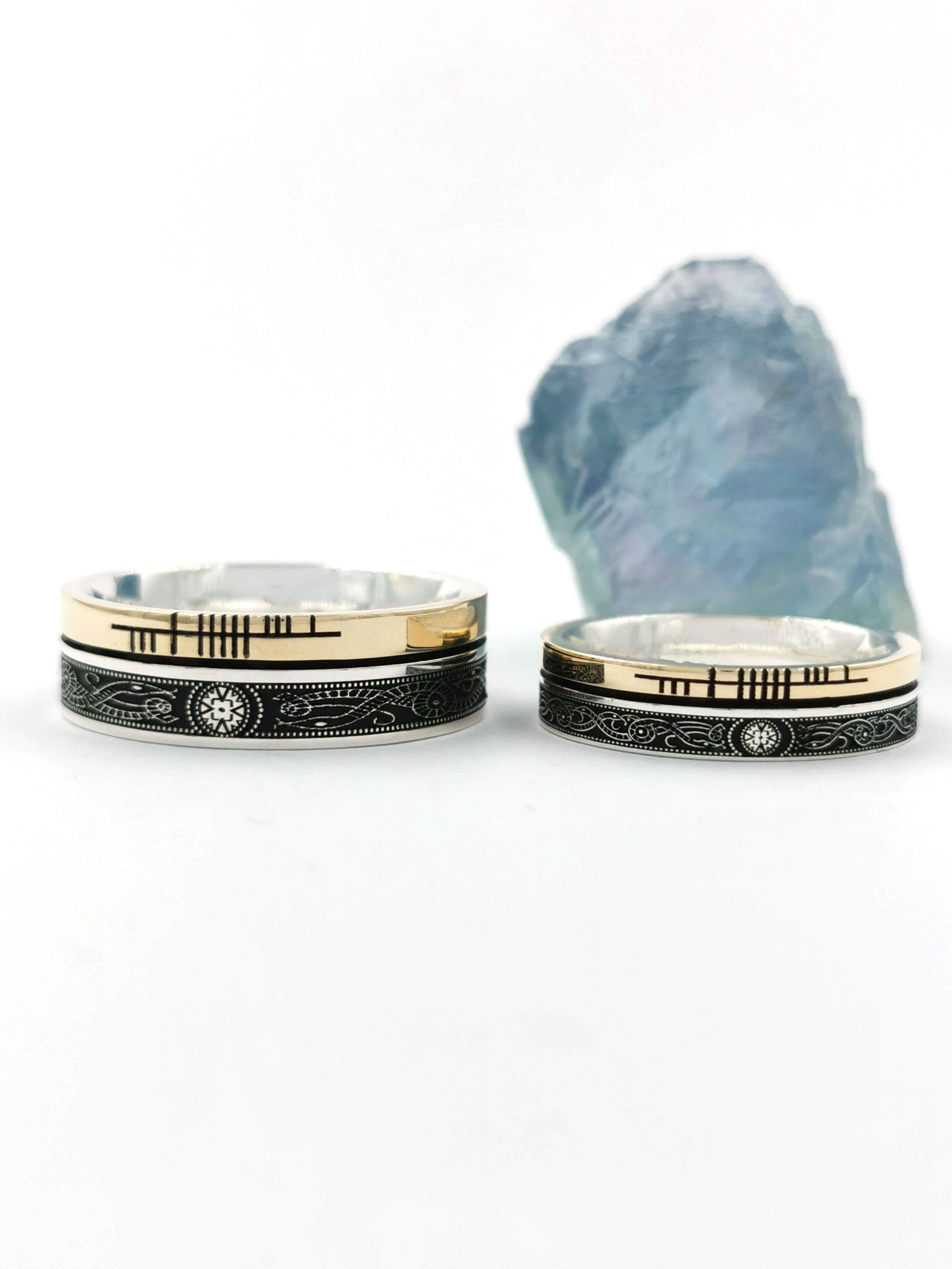 Oxidised Sterling Silver & 10K Yellow Gold Ogham & Celtic Warrior 7.3mm Ring