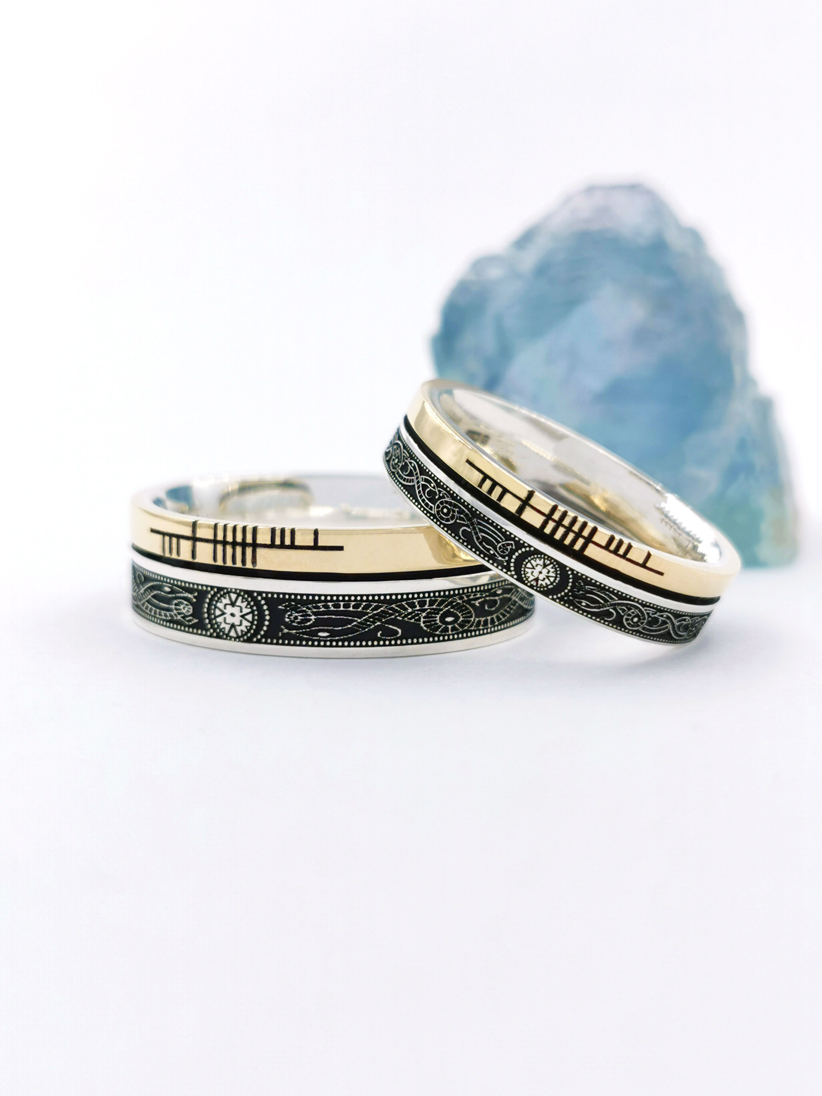 Oxidised Sterling Silver & 10K Yellow Gold Ogham & Celtic Warrior 7.3mm Ring