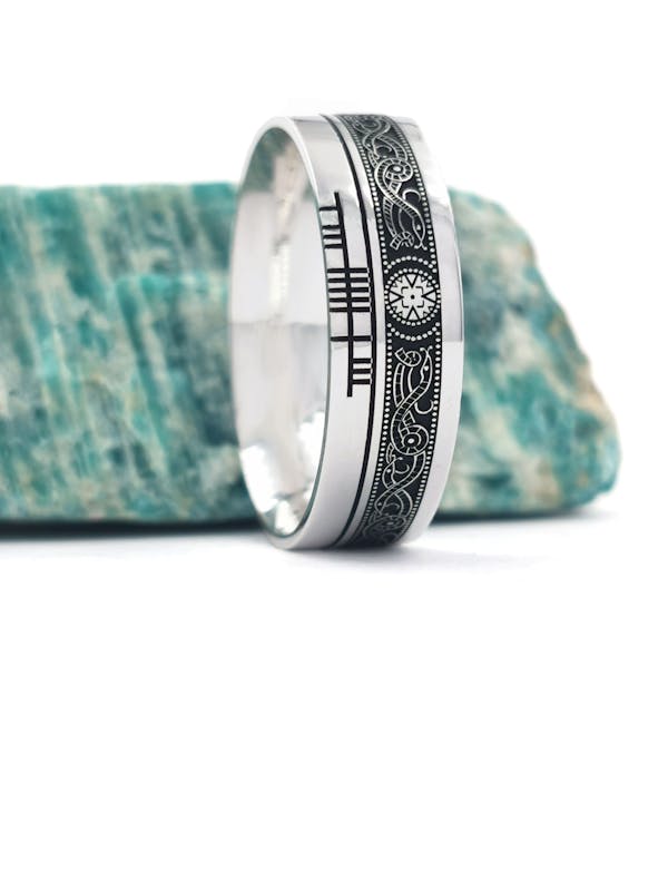 Oxidized Sterling Silver Ogham & Celtic Warrior Wedding Ring