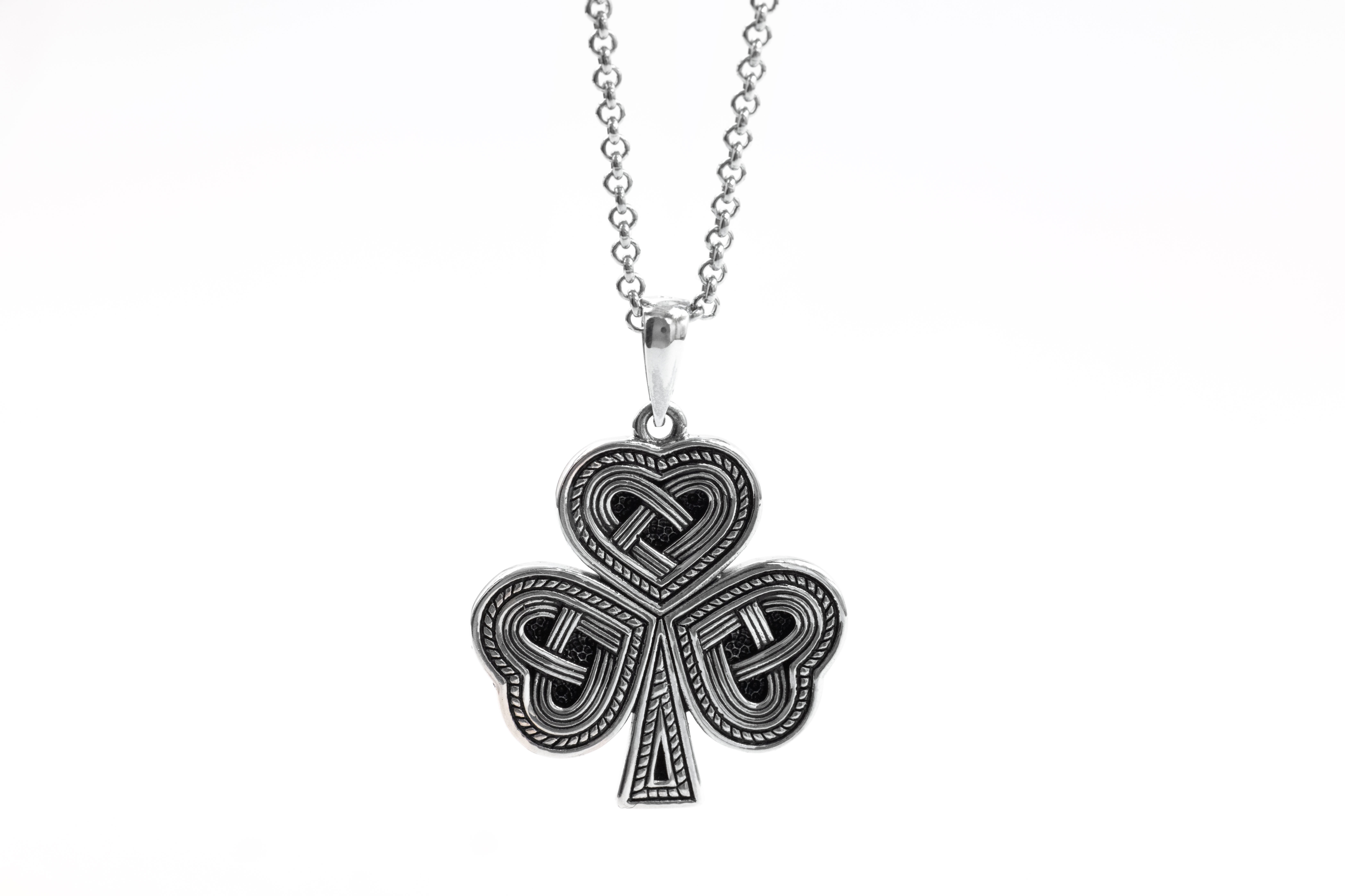 Shamrock & Celtic Knot Necklace in Sterling Silver With a Oxidized Finish