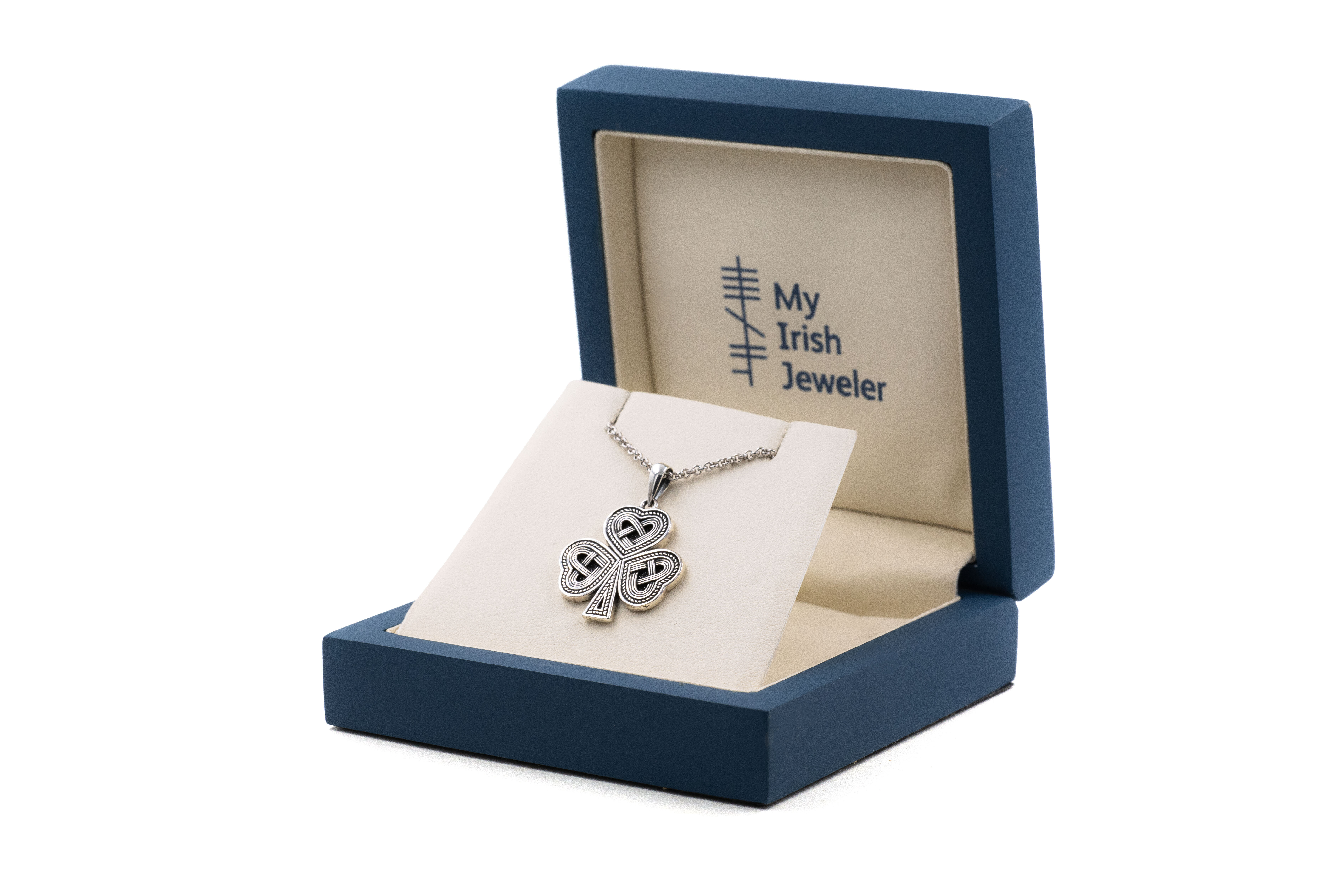 Striking Sterling Silver Shamrock Necklace With a Oxidized Finish. In Luxury Packaging.