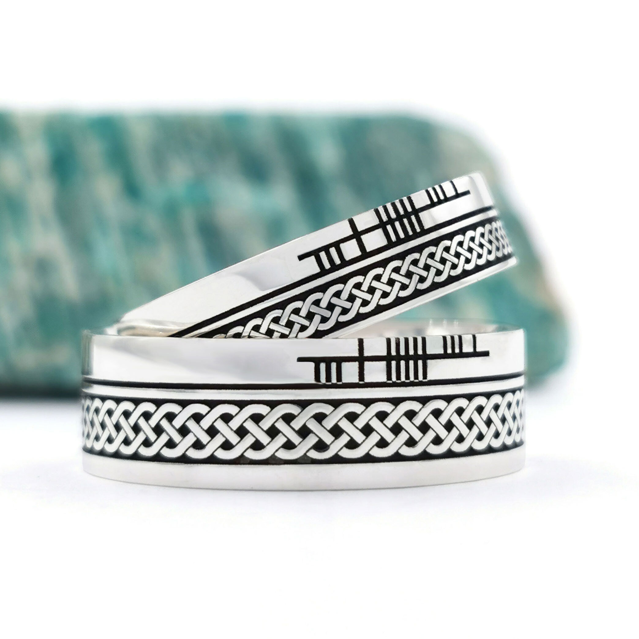 Irish Sterling Silver Ogham & Celtic Knot Wedding Ring With a Oxidized Finish