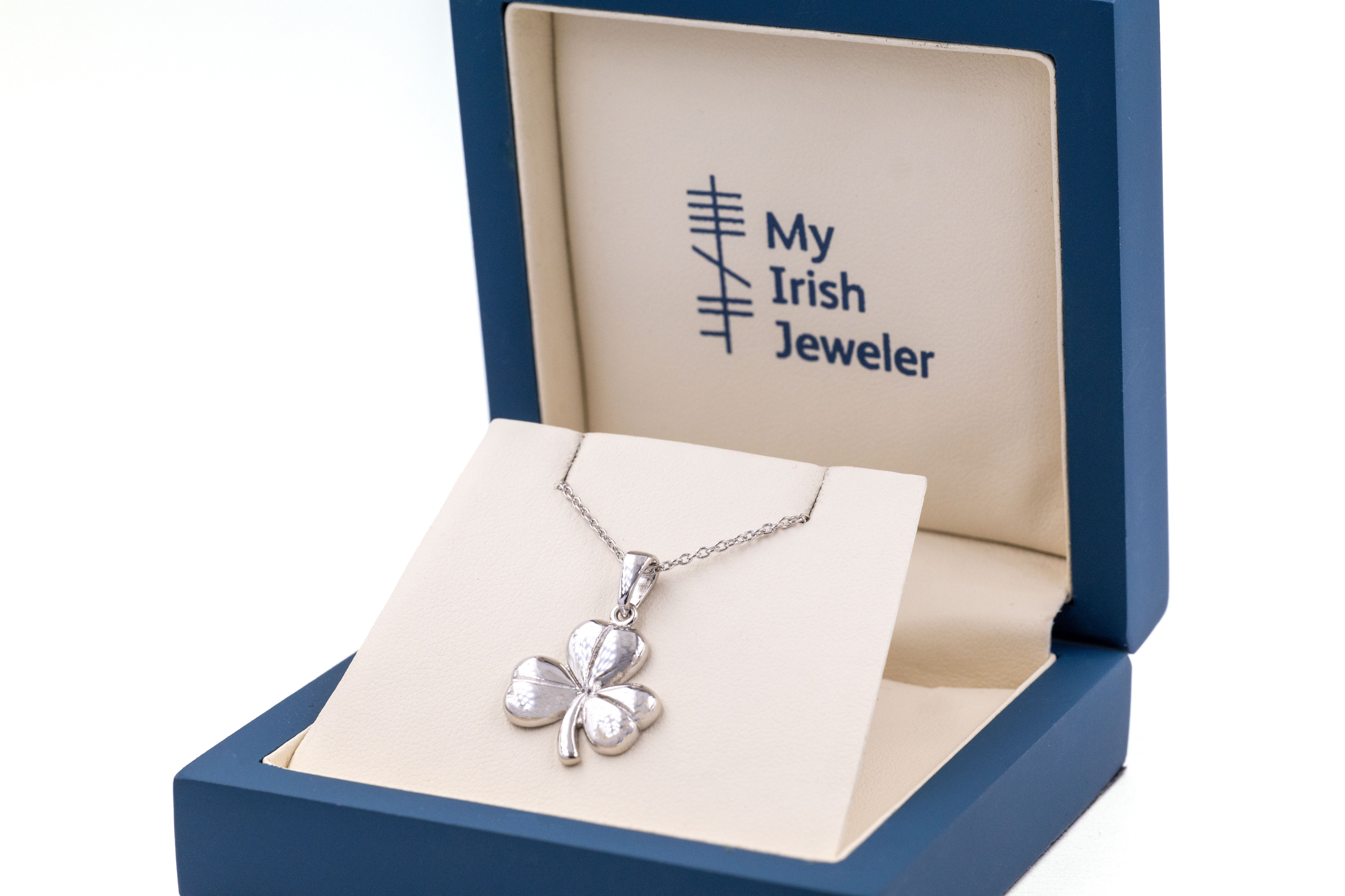 Authentic Sterling Silver Shamrock Necklace With a Polished Finish. In Luxury Packaging.
