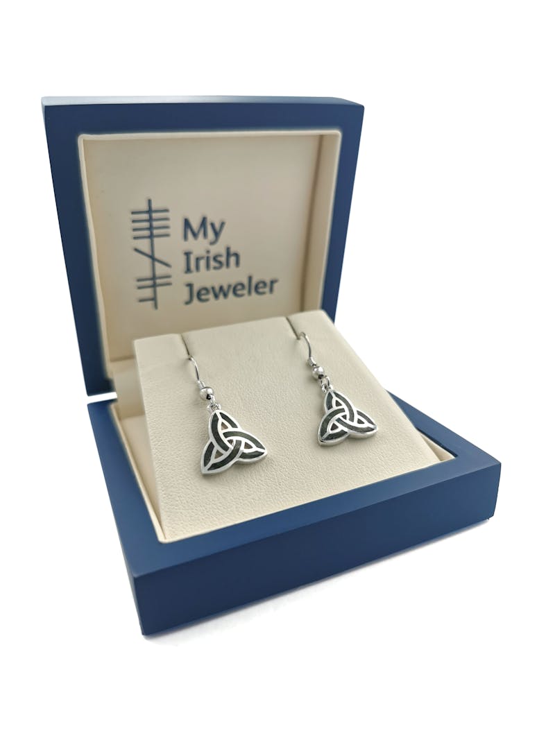 Silver Trinity Knot Earrings Inlaid with Connemara Marble