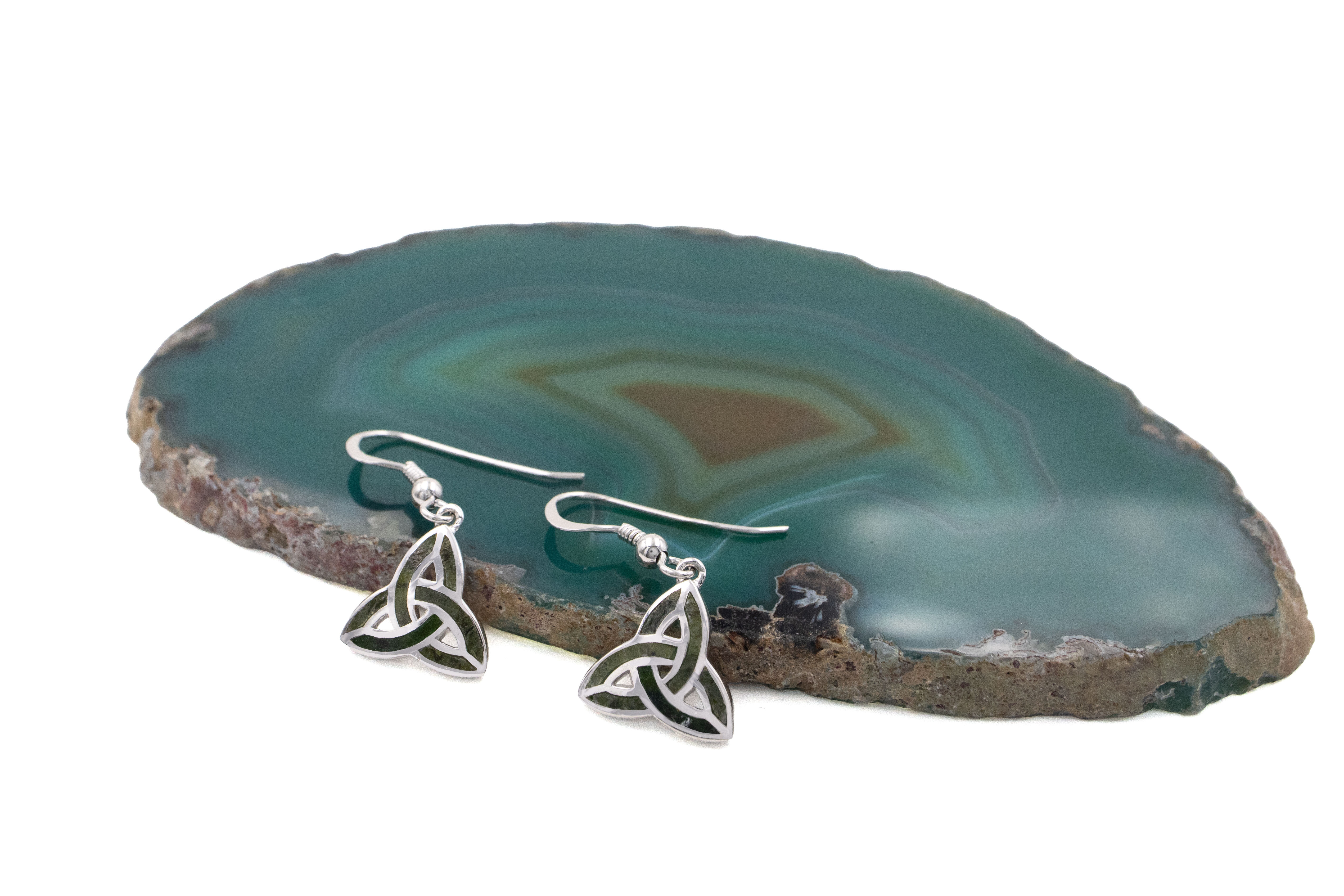 Womens Attractive Sterling Silver Trinity Knot & Connemara Marble & Celtic Knot Earrings