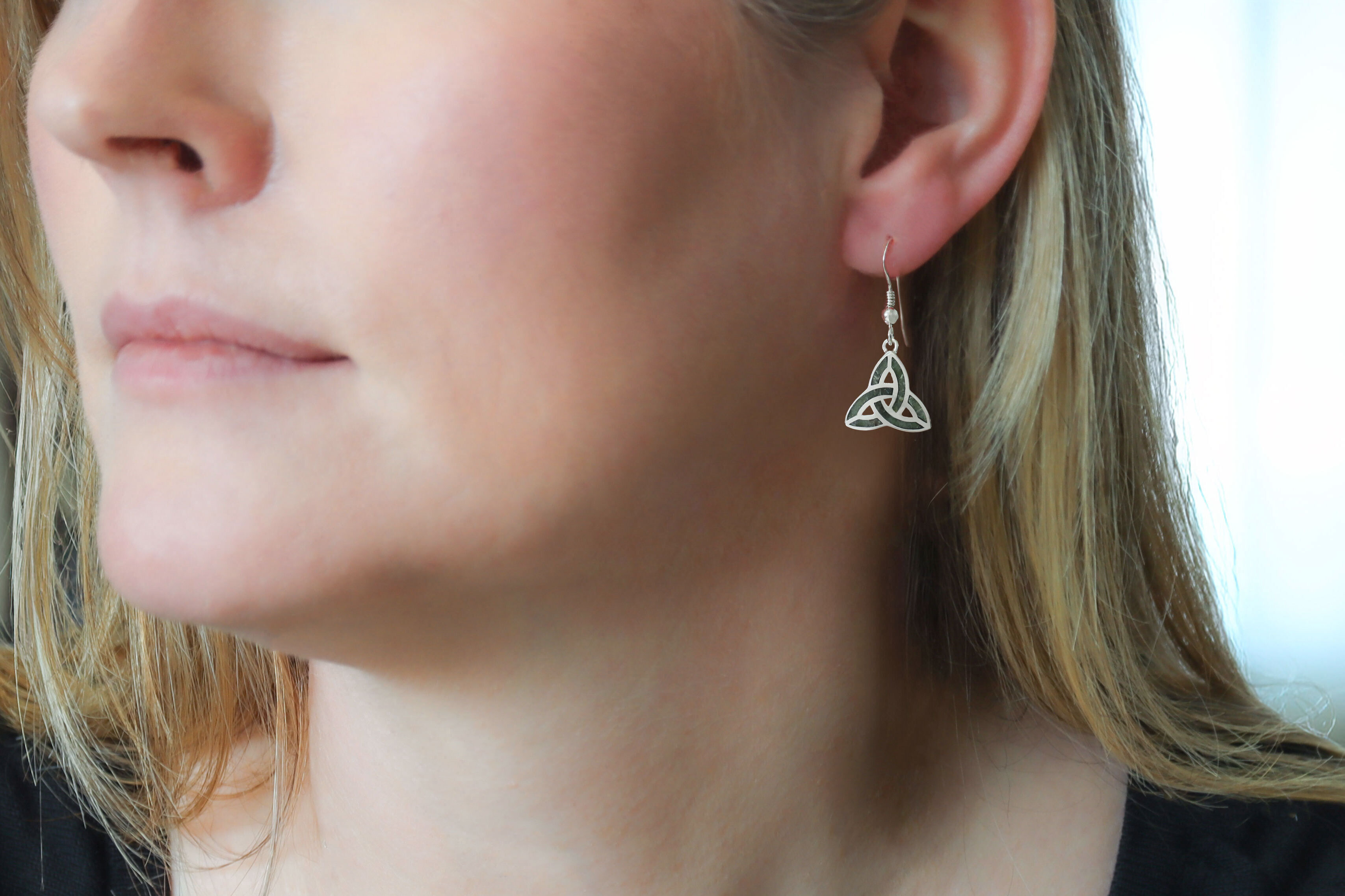 Silver Trinity Knot Earrings Inlaid with Connemara Marble Sku 2007