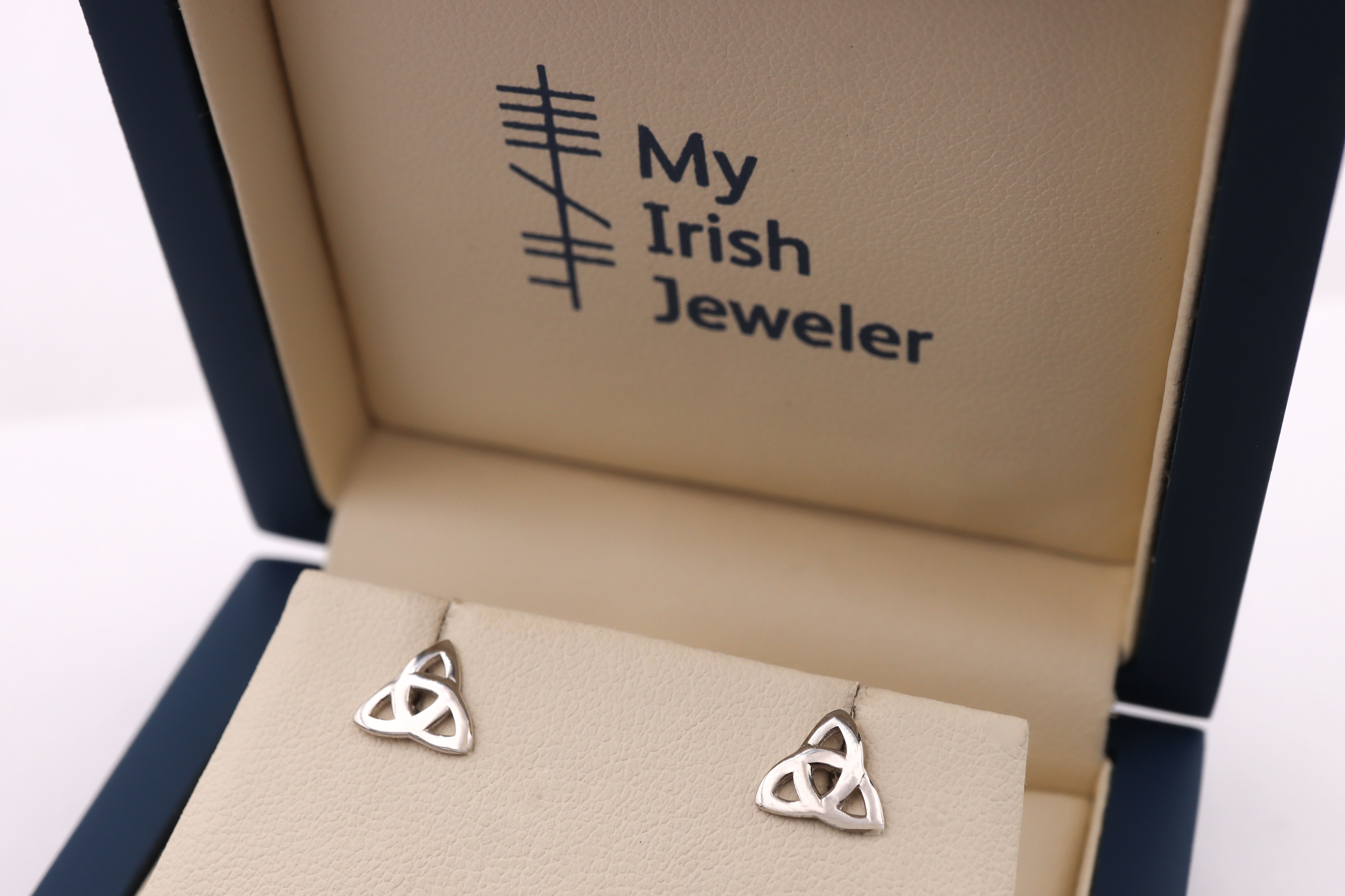 Silver Trinity knot studs Sku 1551 box