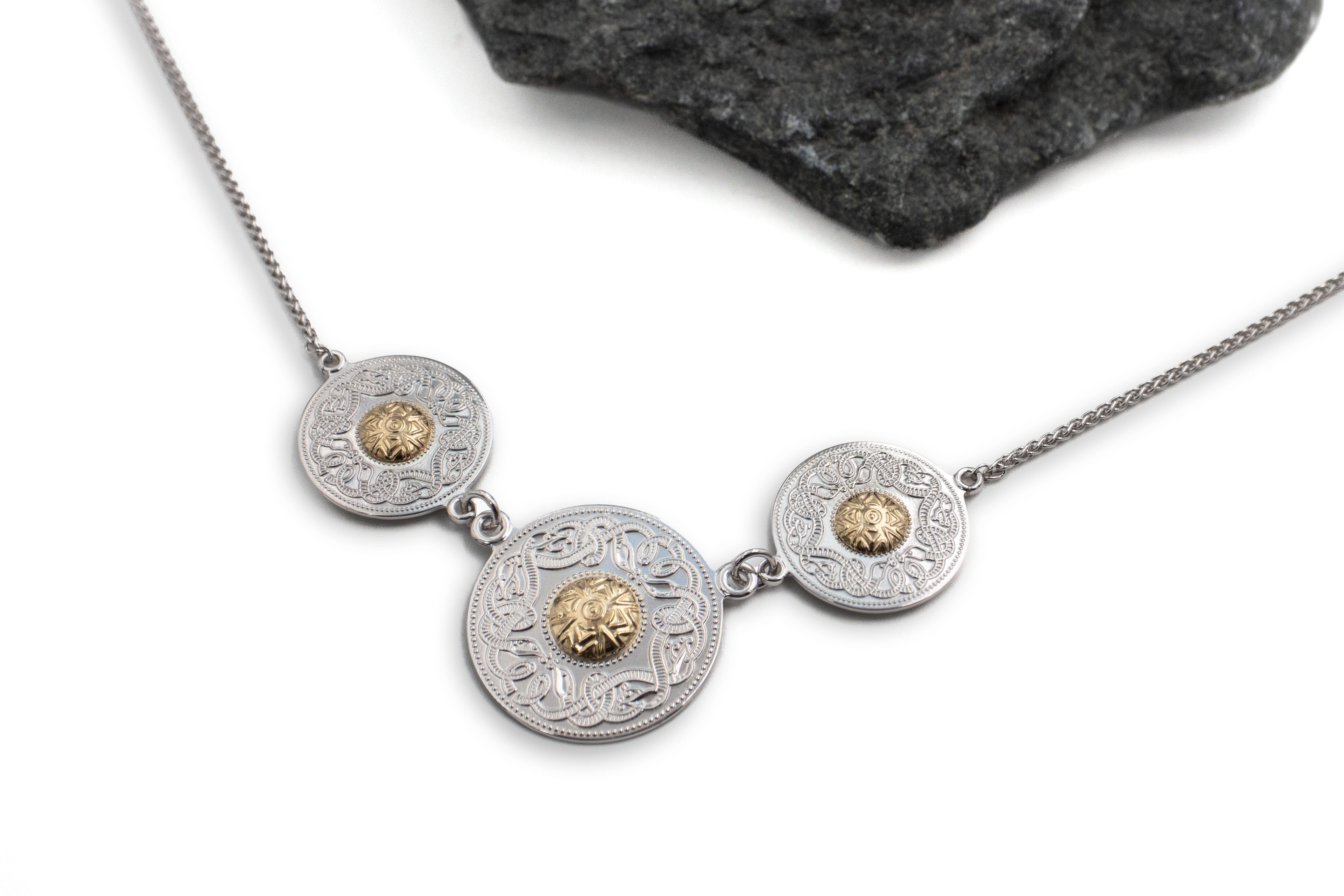 Womens Sterling Silver & 18K Yellow Gold Celtic Warrior Necklace. Pictured Flat.