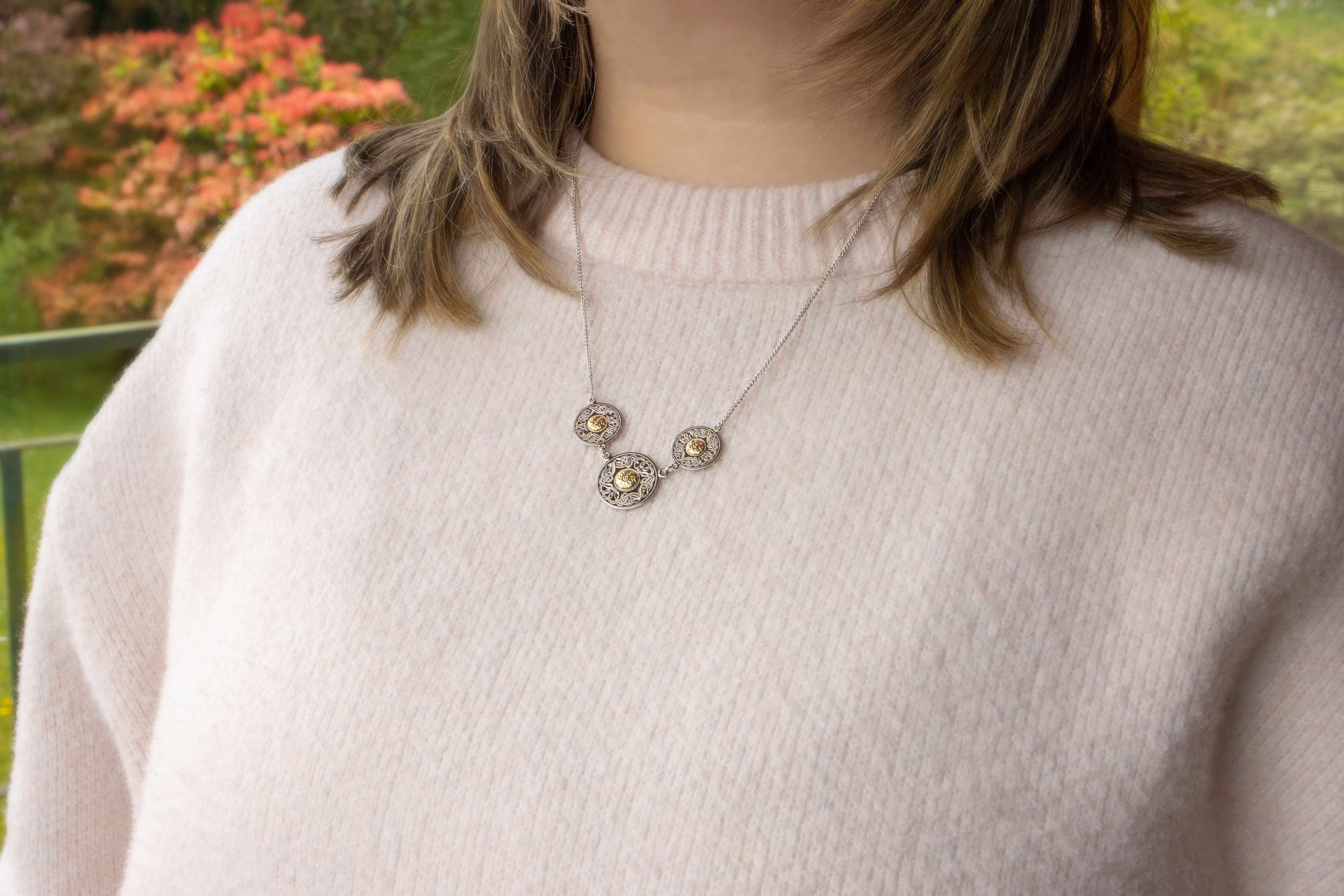 Luxurious Sterling Silver & 18K Yellow Gold Celtic Warrior & Celtic Knot Necklace For Women - Model Photo