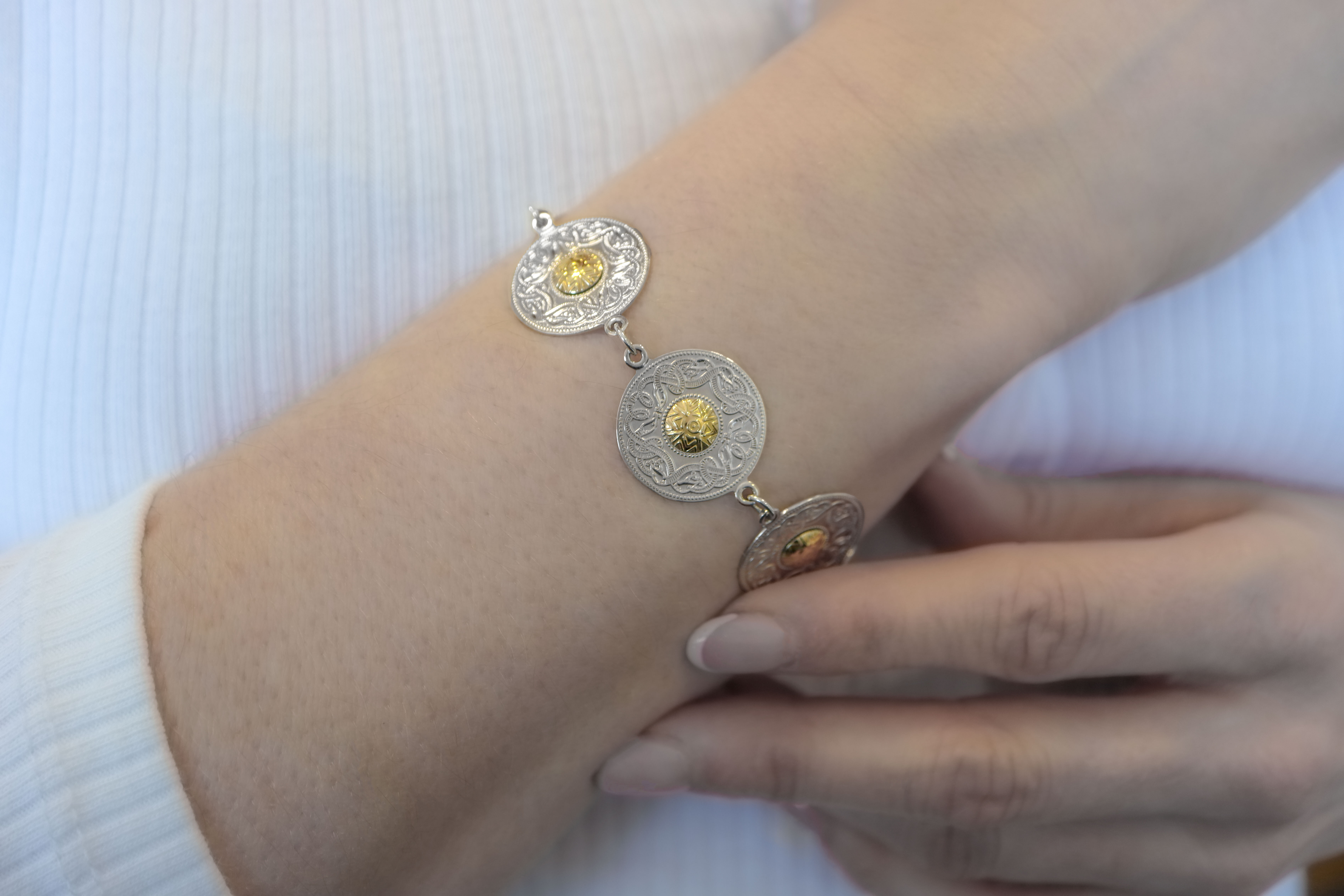 Medium Sized Womens Striking Sterling Silver & 18K Yellow Gold Celtic Warrior Bracelet - Model Photo