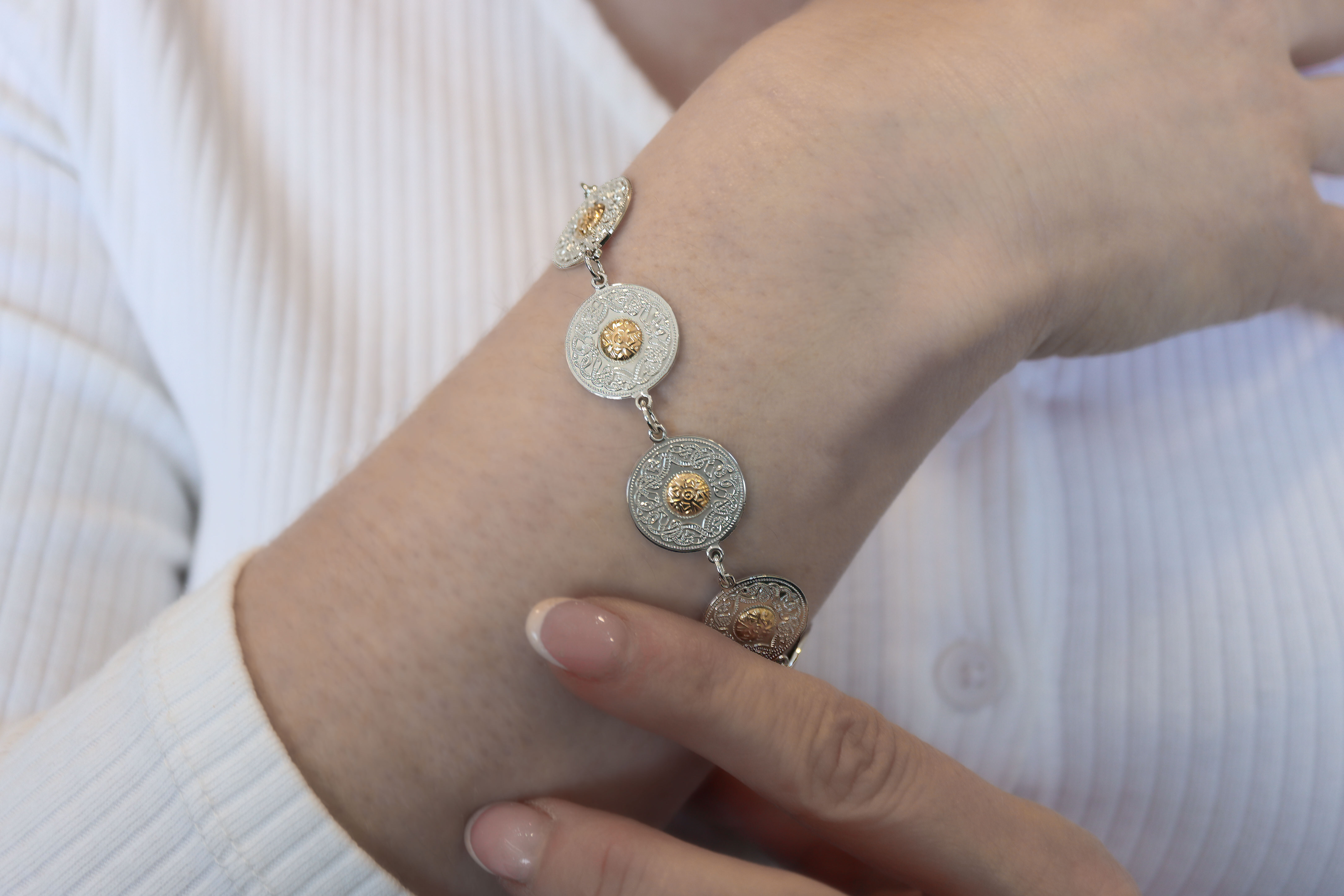 Luxurious Sterling Silver & 18K Yellow Gold Celtic Warrior Bracelet For Women - Model Photo