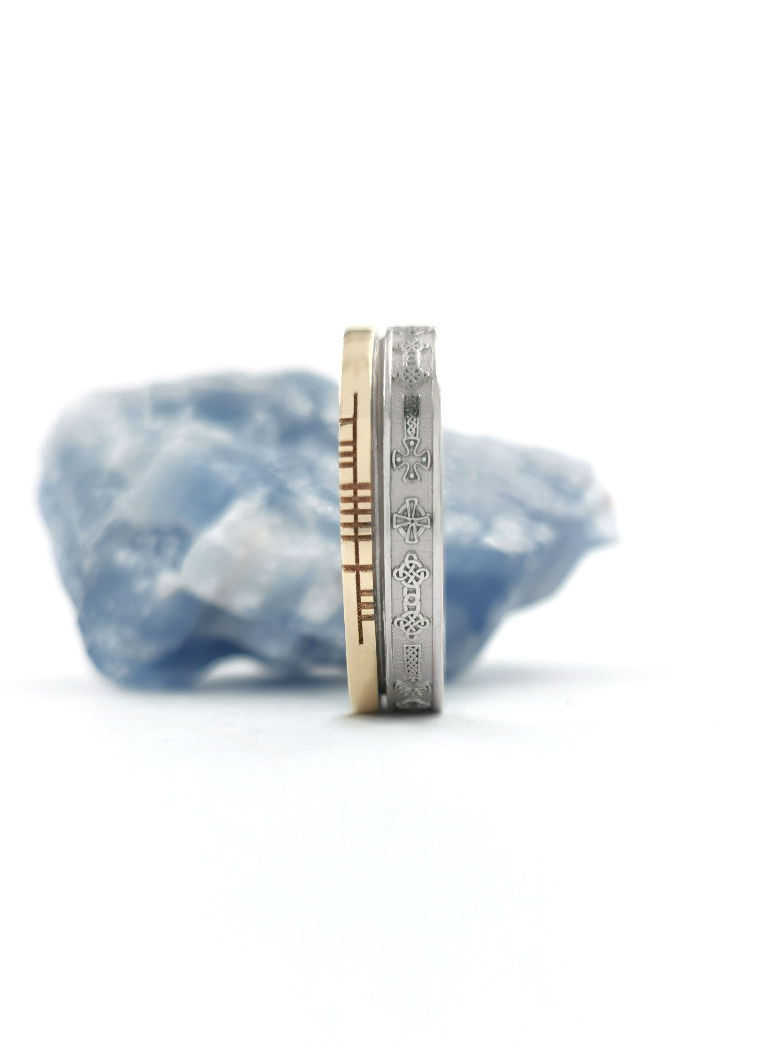 Celtic Cross 5.2mm Ring in White Gold & Yellow Gold With a Florentine Finish