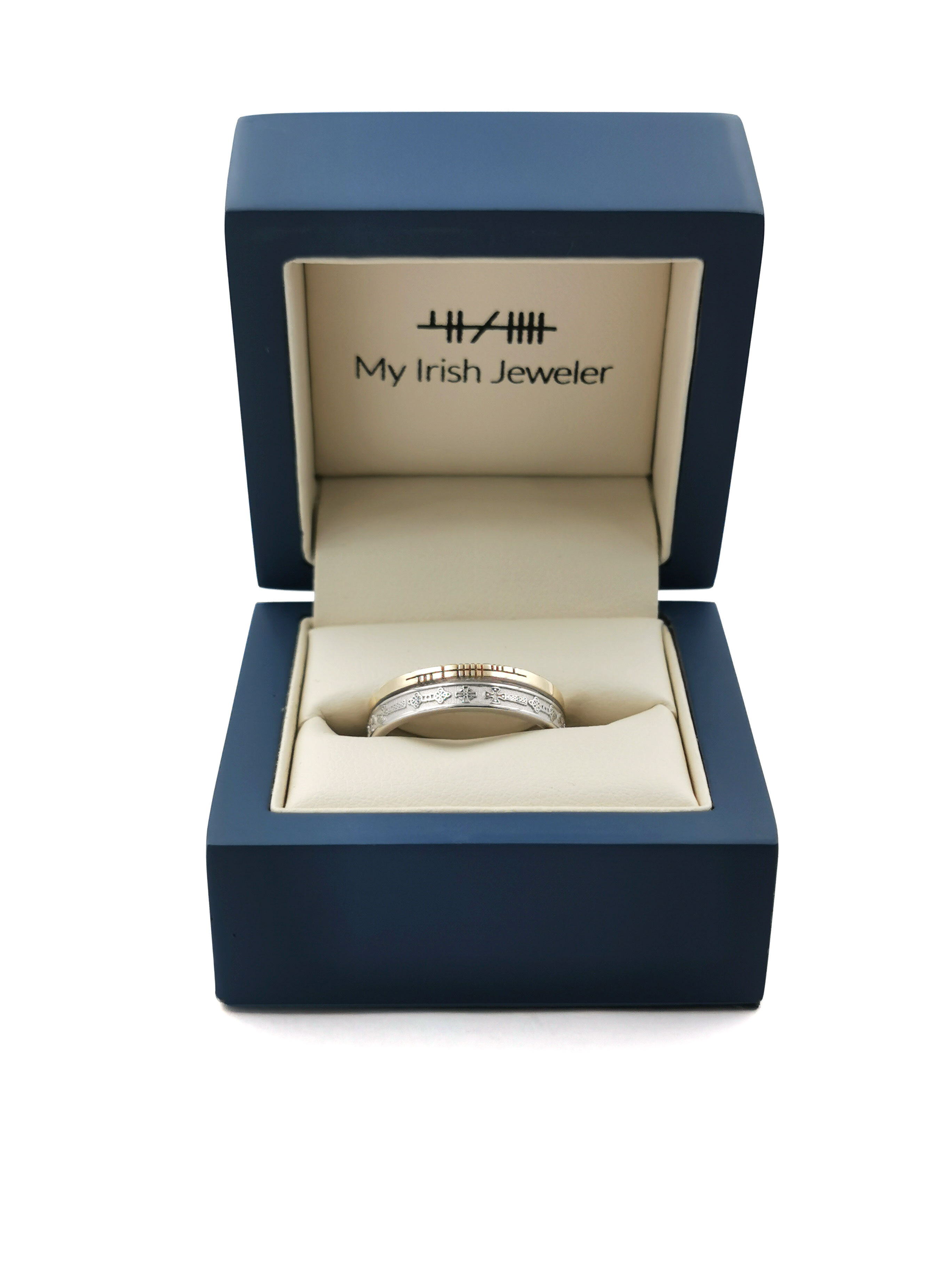 Gorgeous White Gold & Yellow Gold Celtic Cross & Ogham 5.2mm Ring With a Florentine Finish. In Luxury Packaging.