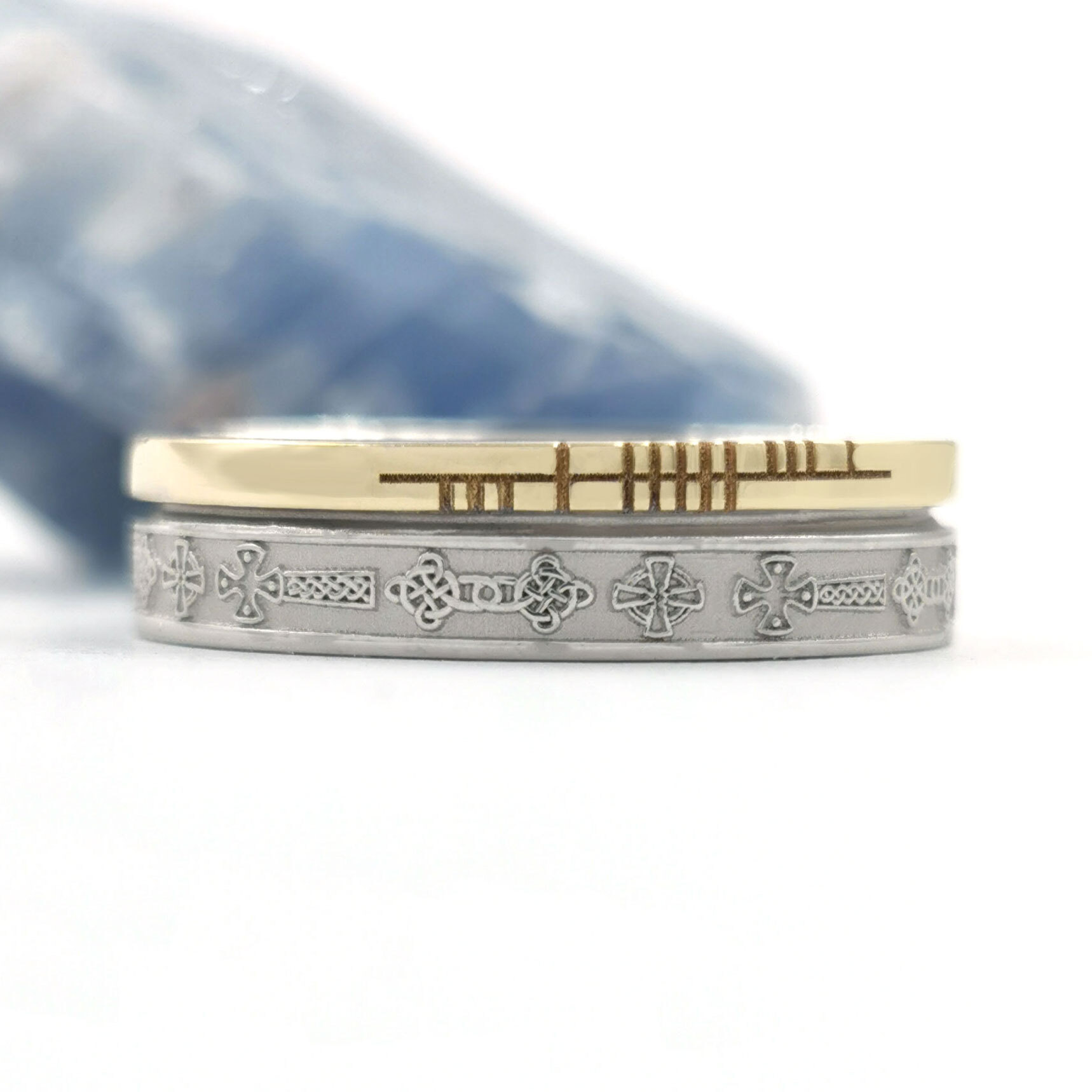 Irish Sterling Silver & 10K Yellow Gold Celtic Cross & Ogham 5.2mm Ring With a Florentine Finish