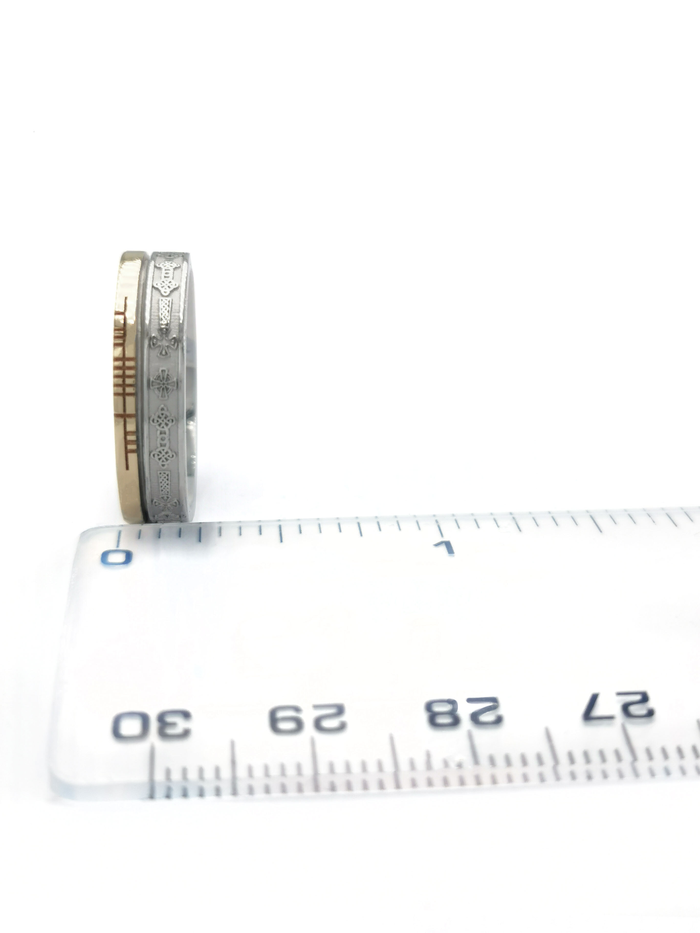 Striking Sterling Silver & 10K Yellow Gold Celtic Cross & Ogham 5.2mm Ring With a Florentine Finish. Picture For Scale.
